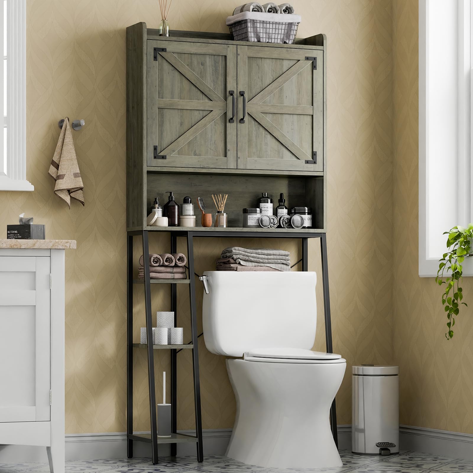 Farmhouse Over The Toilet Storage Cabinet with Barn Doors & Toilet Paper Holder - Space Saving Bathroom Organizer for Restroom, Laundry & Bathroom (Grey) - Perfect for Small Bathrooms & Apartment Living