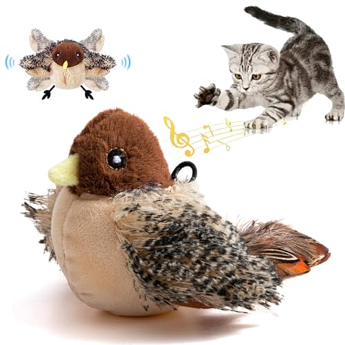 Interactive Flapping Chirping Bird Cat Toy with Feather Tail - Realistic Flying Sparrow Simulation for Bored Indoor Cats | Perfect for Playtime, Exercise & Mental Stimulation