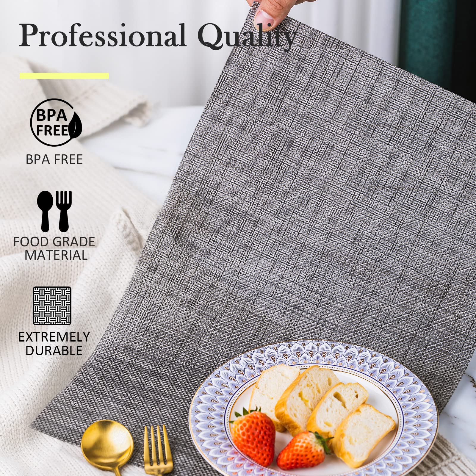 Set of 4 Washable Vinyl Placemats for Dining Table - Indoor/Outdoor PVC Weave Table Mats in Dark Gray - Perfect for Kitchen, Patio, Picnic & Everyday Use