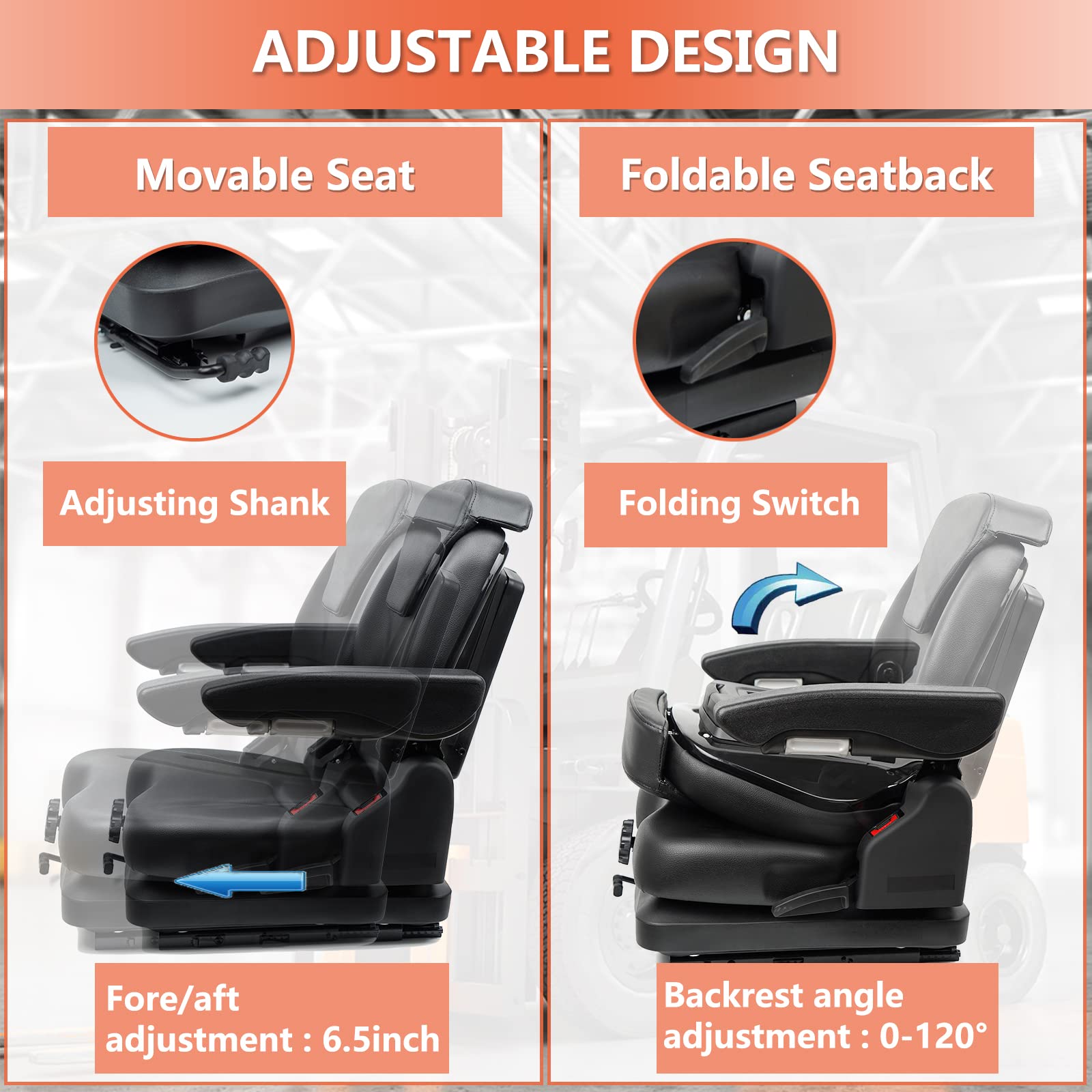 Heavy Duty Tractor Suspension Seat with Adjustable Backrest, Micro Switch & Seatbelt - Foldable Forklift Seat with Armrests for Tractors, Mowers, Excavators & Harvesters - Ideal for Farming, Construction & Landscaping Operations