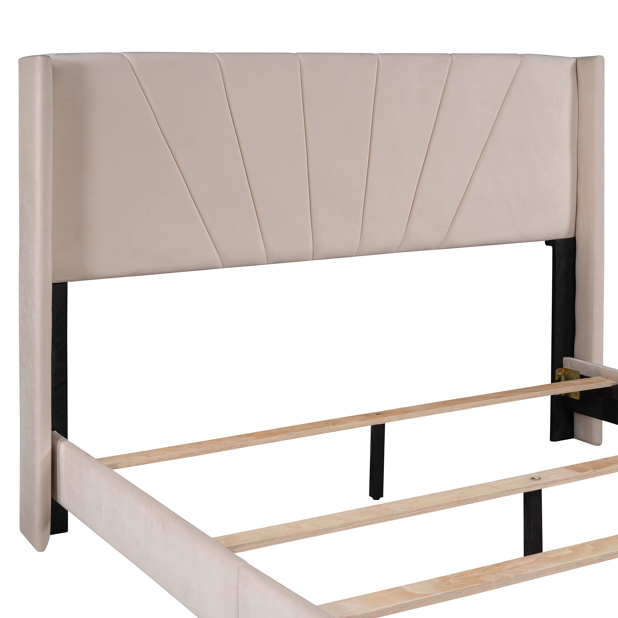 Modern Queen Upholstered Platform Bed Frame - Stylish Beige Velvet Queen Size Bed with Headboard & Wood Slats - Elegant Panel Bed Frame & Mattress Foundation for Bedroom, Guest Room - Perfect for Master Suites, Luxury Apartments & Cozy Home Decor