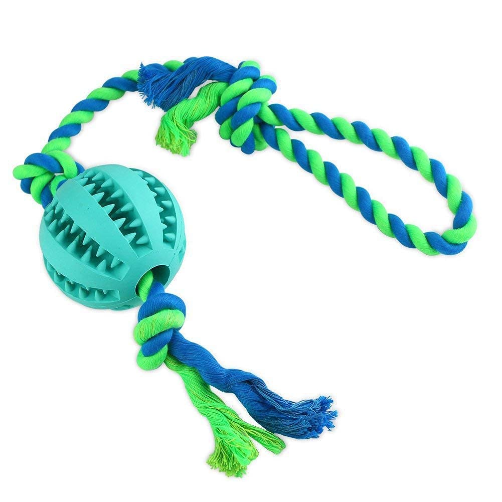 Durable 2.75 Inch Natural Rubber Dog Rope Toy with Ball - Interactive Chew & Fetch Toy for Puppies & Small Medium Dogs - Treat Dispenser & Teeth Cleaning Ball - Mint Green Training Toy for Chase Games & Outdoor Play