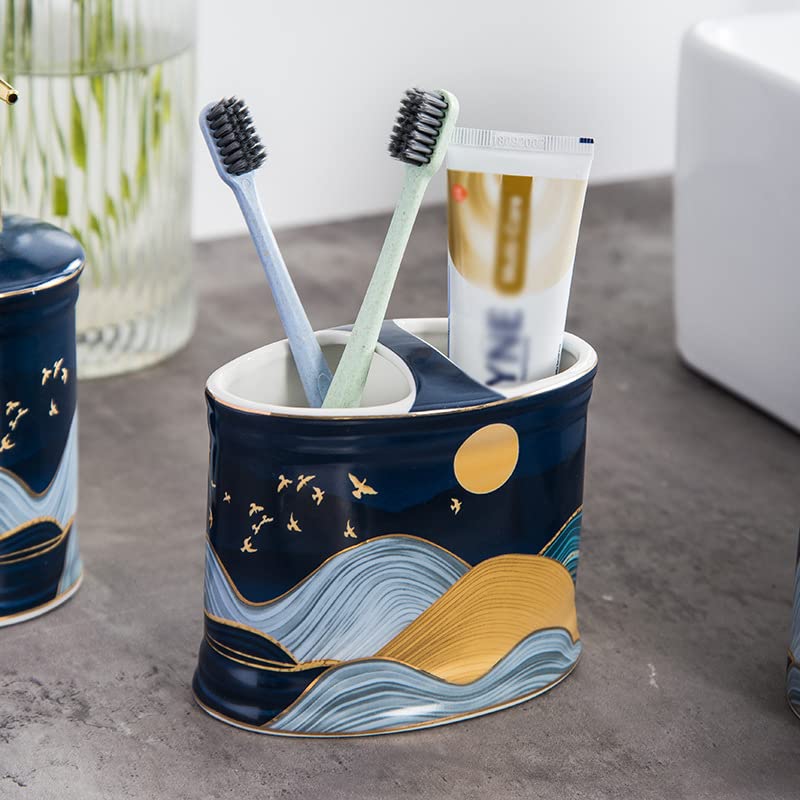 Premium 5-Piece Ceramic Bathroom Accessory Set - Toothbrush Holder, Soap Dispenser, Soap Dish & 2 Toothbrush Mugs - Elegant Bathroom Decor for Modern Homes, Apartments & Guest Bathrooms