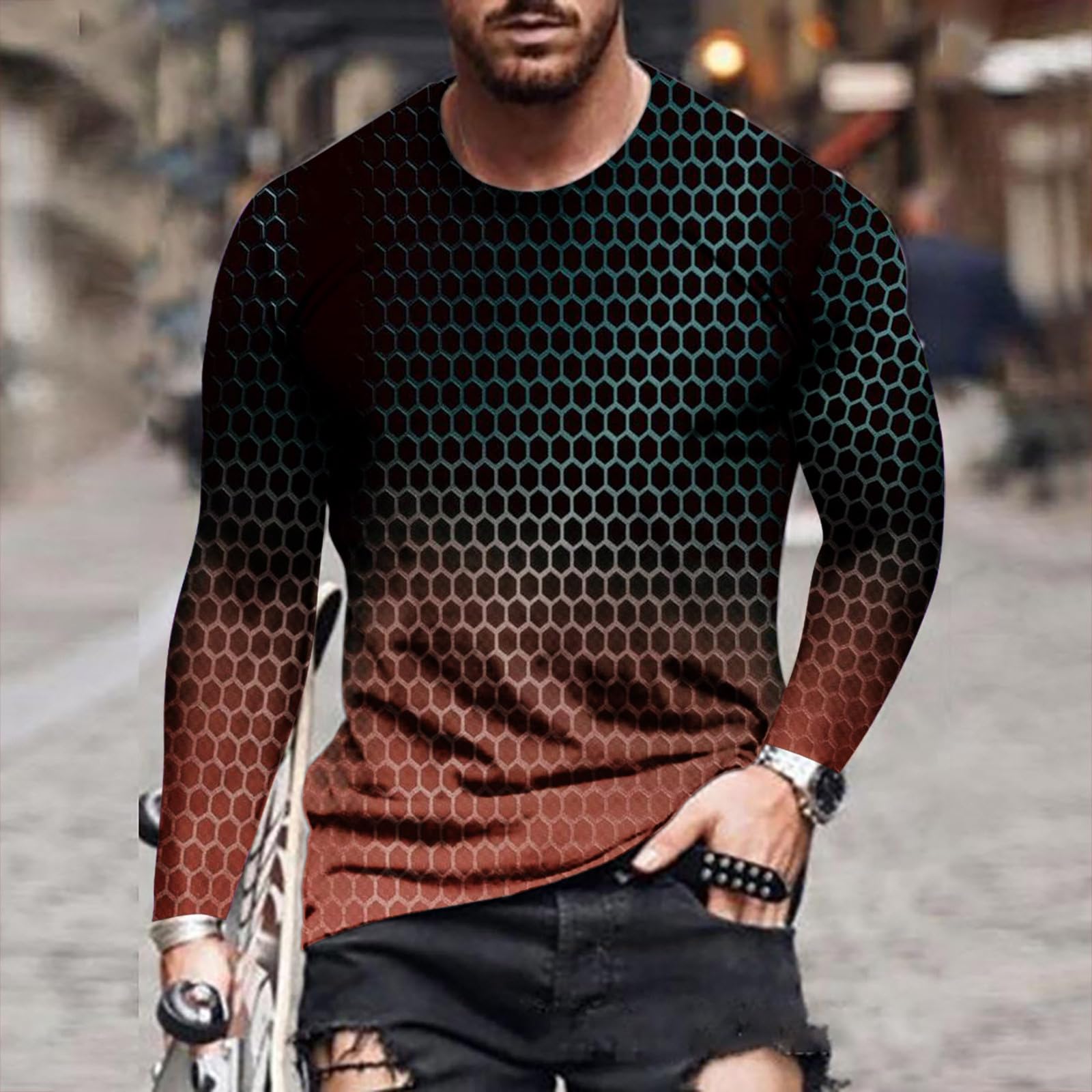3D Geometry Print Men's Long Sleeve Graphic T-Shirt - Stylish Fall Streetwear Top for Casual Outfits, Parties & Everyday Wear