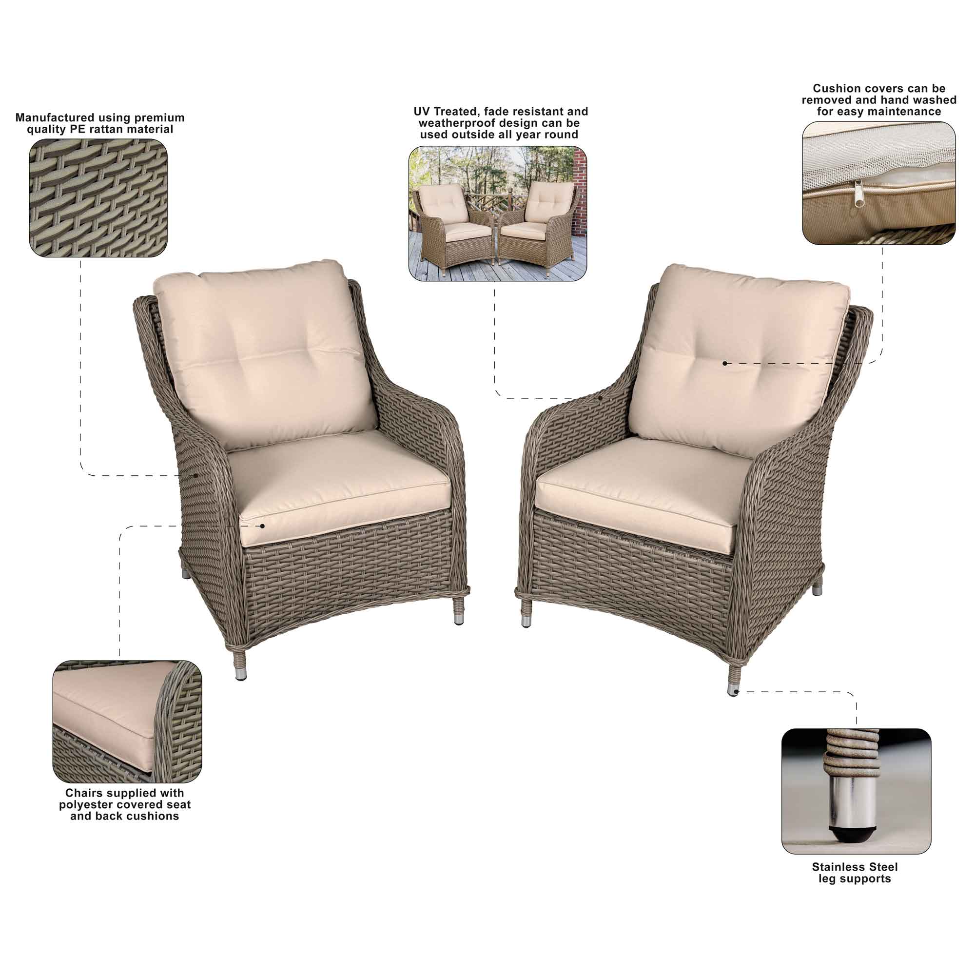 Premium Chester Rattan Wicker Outdoor Lounge Chairs with Cushions - Weather-Resistant Brown Patio Furniture for Poolside, Garden & Backyard Relaxation