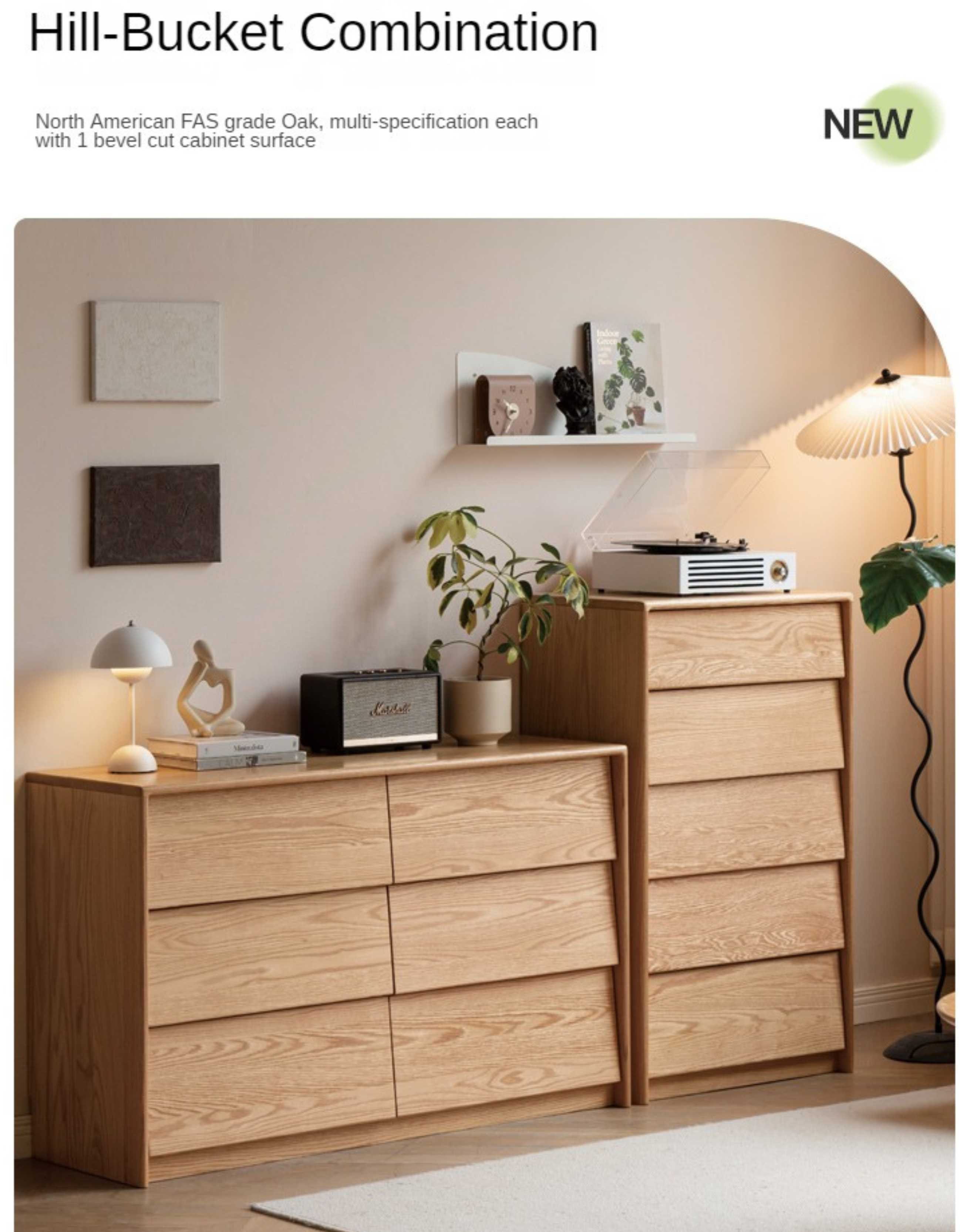 Solid Oak Wood Slanted Surface Chest of Drawers - Vintage Style Dresser for Bedroom, Living Room & Office Storage