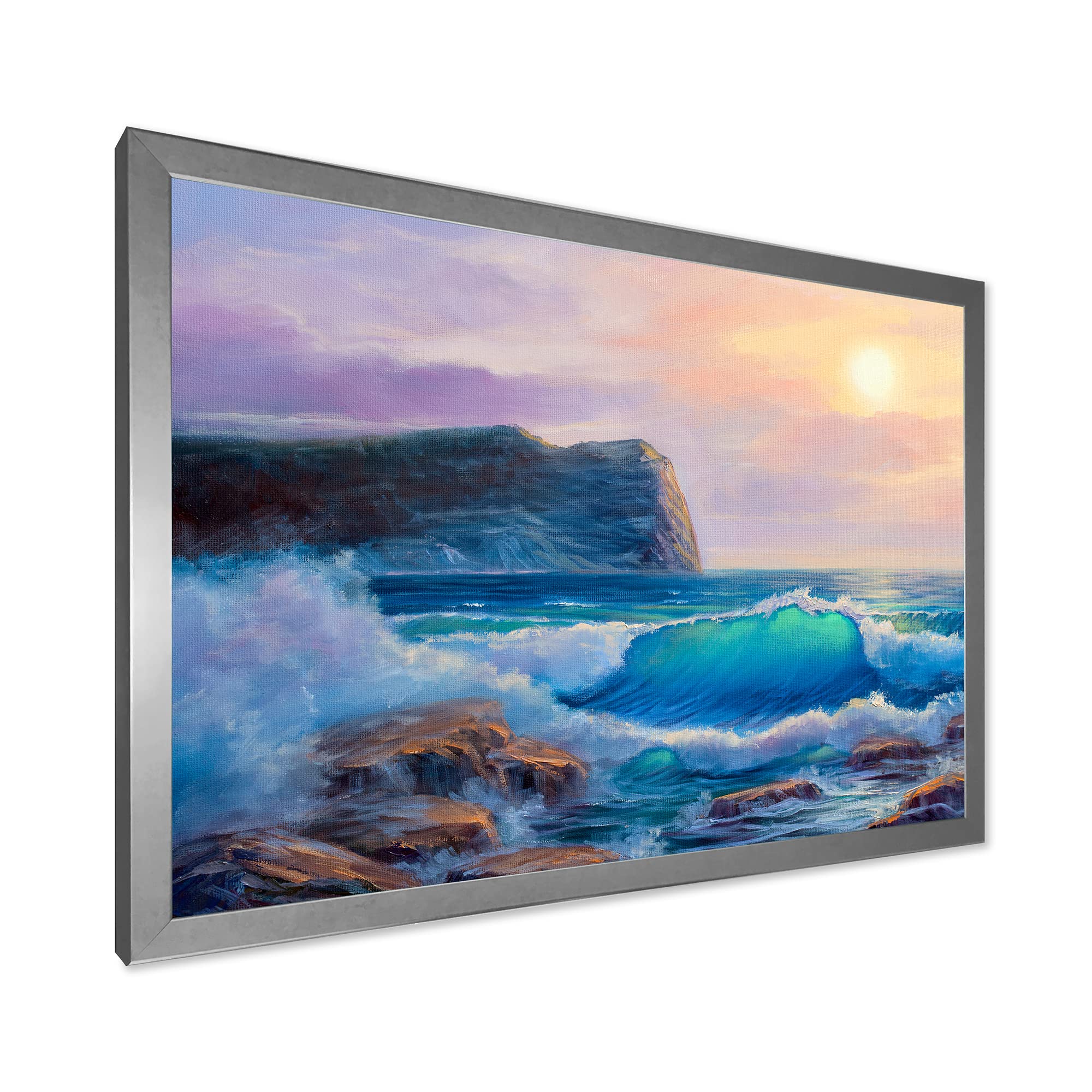 DesignQ Blue Waves Breaking At The Beach III - Coastal Framed Wall Art Decor for Living Room, Bedroom & Office - Nautical Beach Scene Painting for Home & Office Decoration