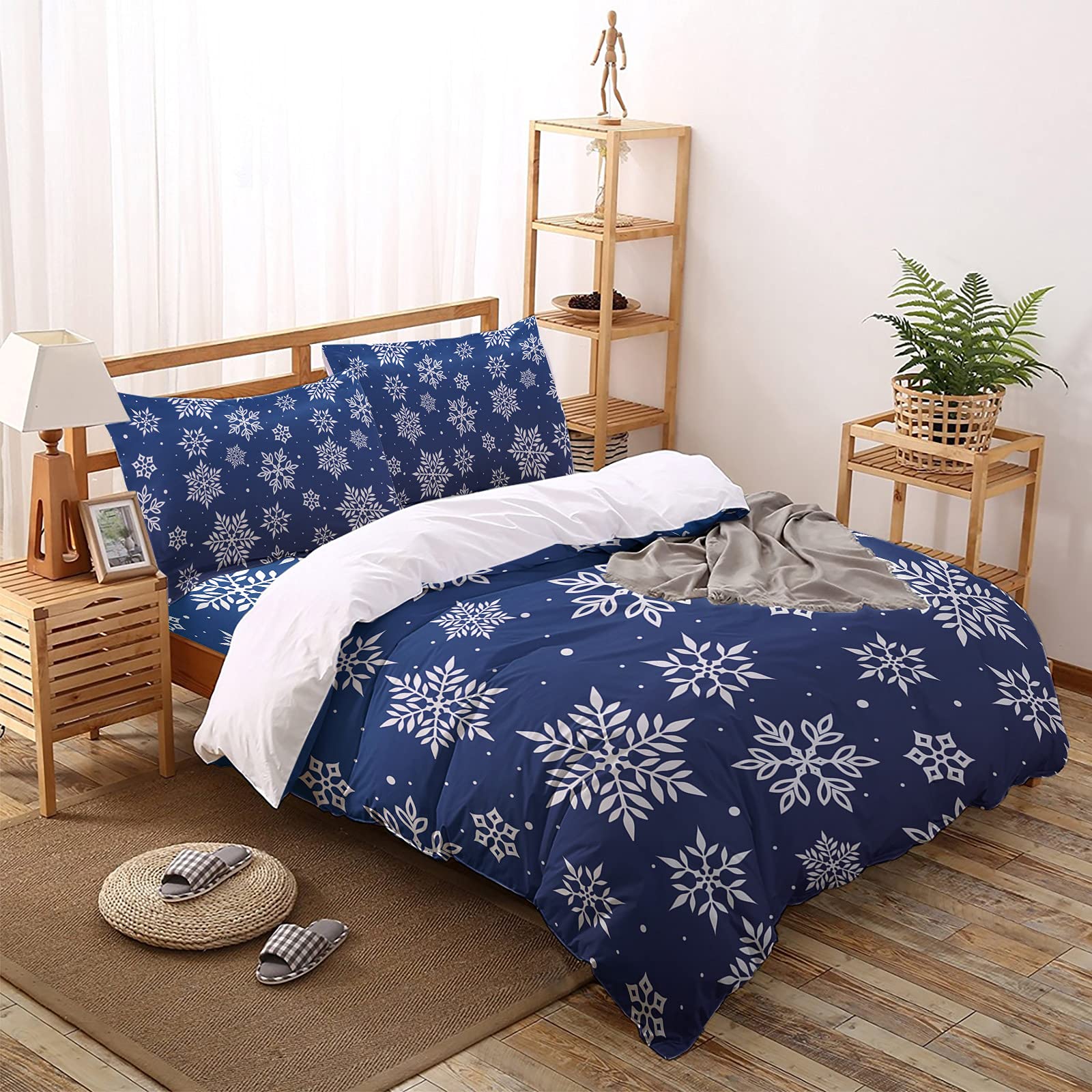 4-Piece Christmas Snowflake Duvet Cover Set - Navy Blue & White Holiday Bedding with 1 Duvet Cover, 1 Flat Sheet & 2 Pillow Shams, Queen Size for Adults & Kids - Perfect for Winter Bedroom Decor & Cozy Holiday Nights