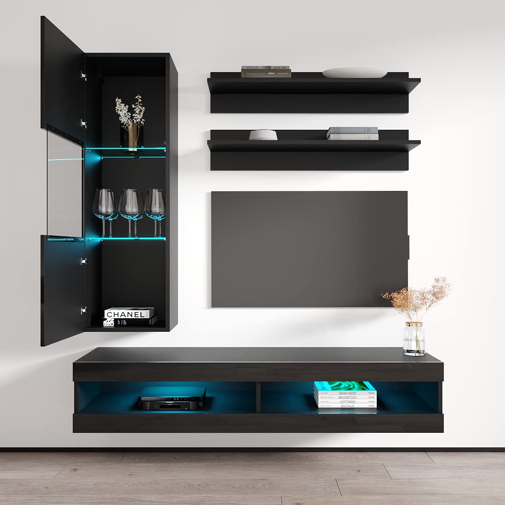 Modern Floating TV Stand with Storage & LED Lights - Wall-Mounted Entertainment Center for Bedroom & Living Room - 34