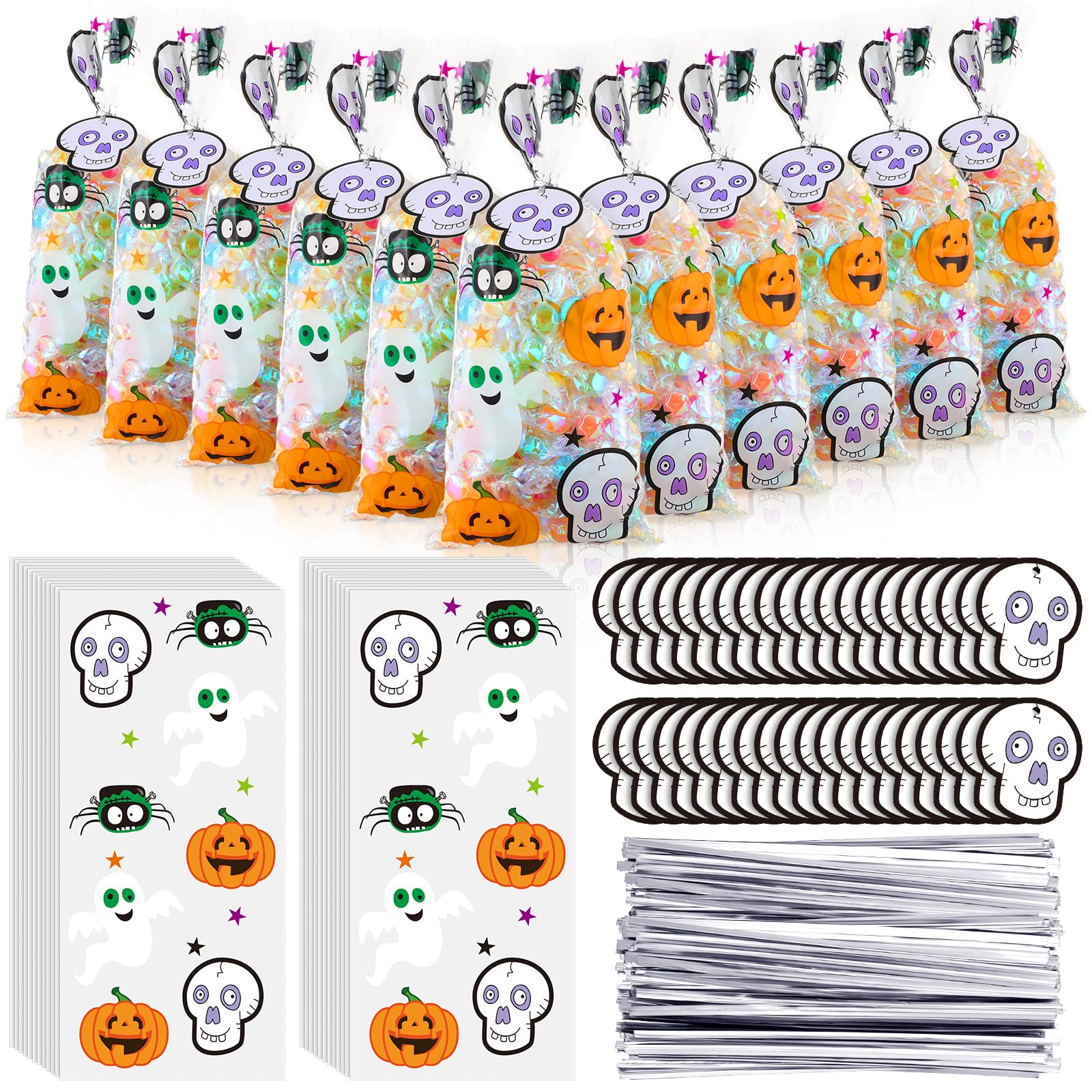 150-Pack Halloween Cellophane Candy Treat Bags - Pumpkin, Spider, Ghost & Bat Design - Bulk Goodie Bags with Twist Ties - Perfect for Halloween Party Favors, Trick-or-Treating & Classroom Treats