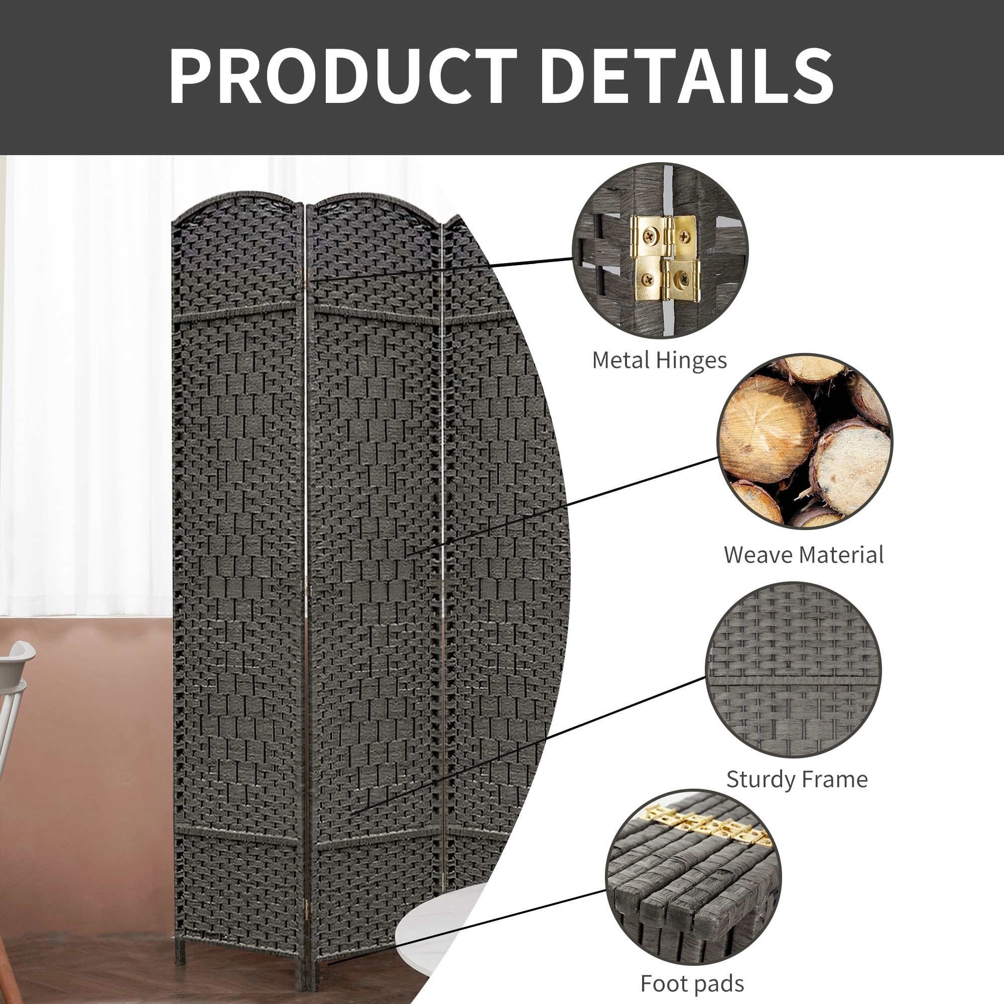 Duraspace 8-Panel 6FT Tall Woven Fiber Room Divider - Freestanding Double Hinged Folding Privacy Screen for Home, Office, Patio & Events (Gray) - Perfect for Creating Private Spaces Indoors & Outdoors