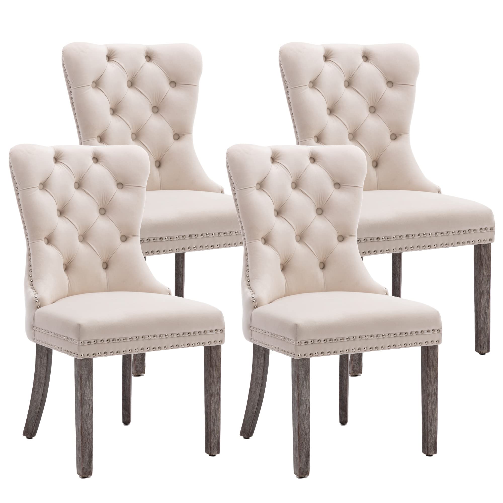 KCC Velvet Dining Chairs Set of 4 - Upholstered Tufted High Back Dining Chairs with Nailhead Trim & Solid Wood Legs, Modern Kitchen Dining Room Chairs for Home, Restaurant, Cafe - Beige Velvet Nikki Collection