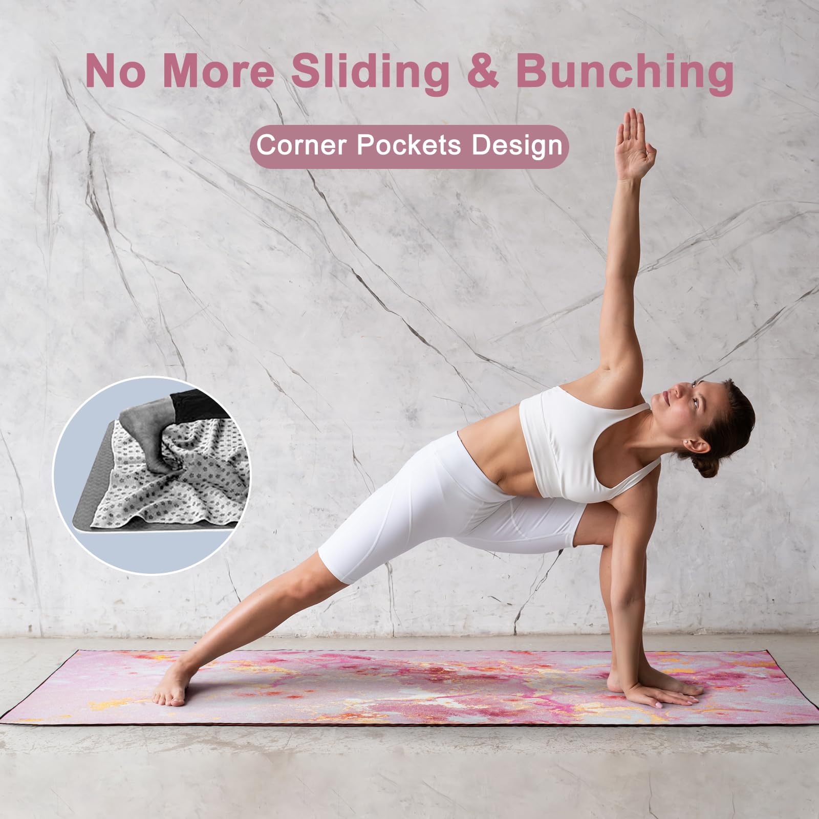 Non-Slip Rose Gold Yoga Towel with Corner Pockets - 70