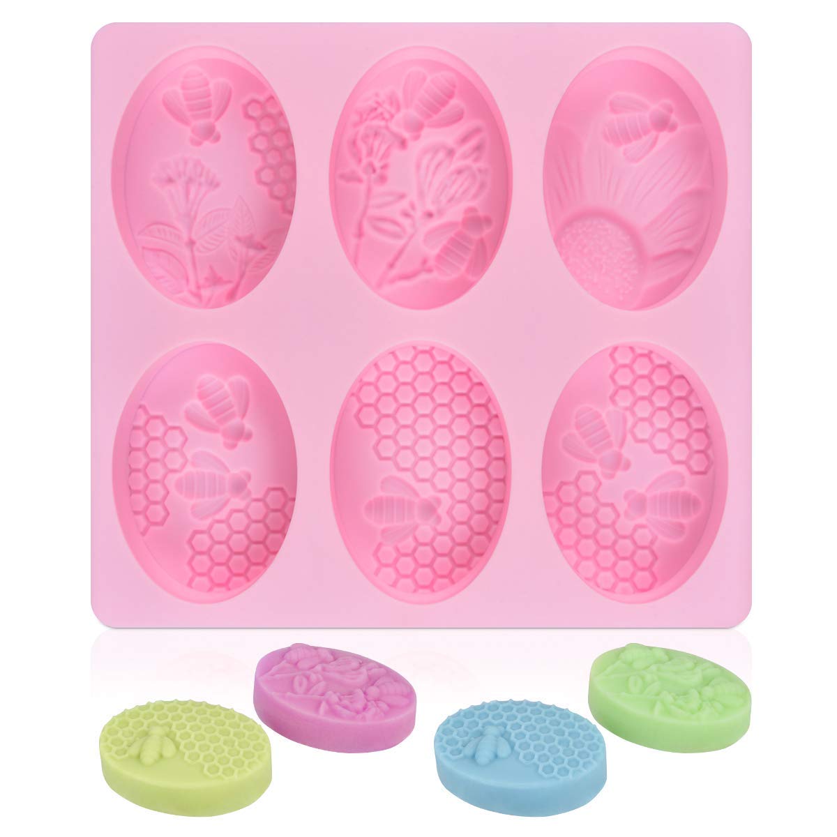 UG LAND INDIA 6 Cavity 3D Honeybee Silicone Molds - Honeycomb Soap Mold, Cake Baking Mold, Chocolate & Resin Mold, Beehive Candle Mold for DIY Crafts (Oval, Pink) - Perfect for Homemade Soaps, Candles, Chocolates & Resin Art Projects