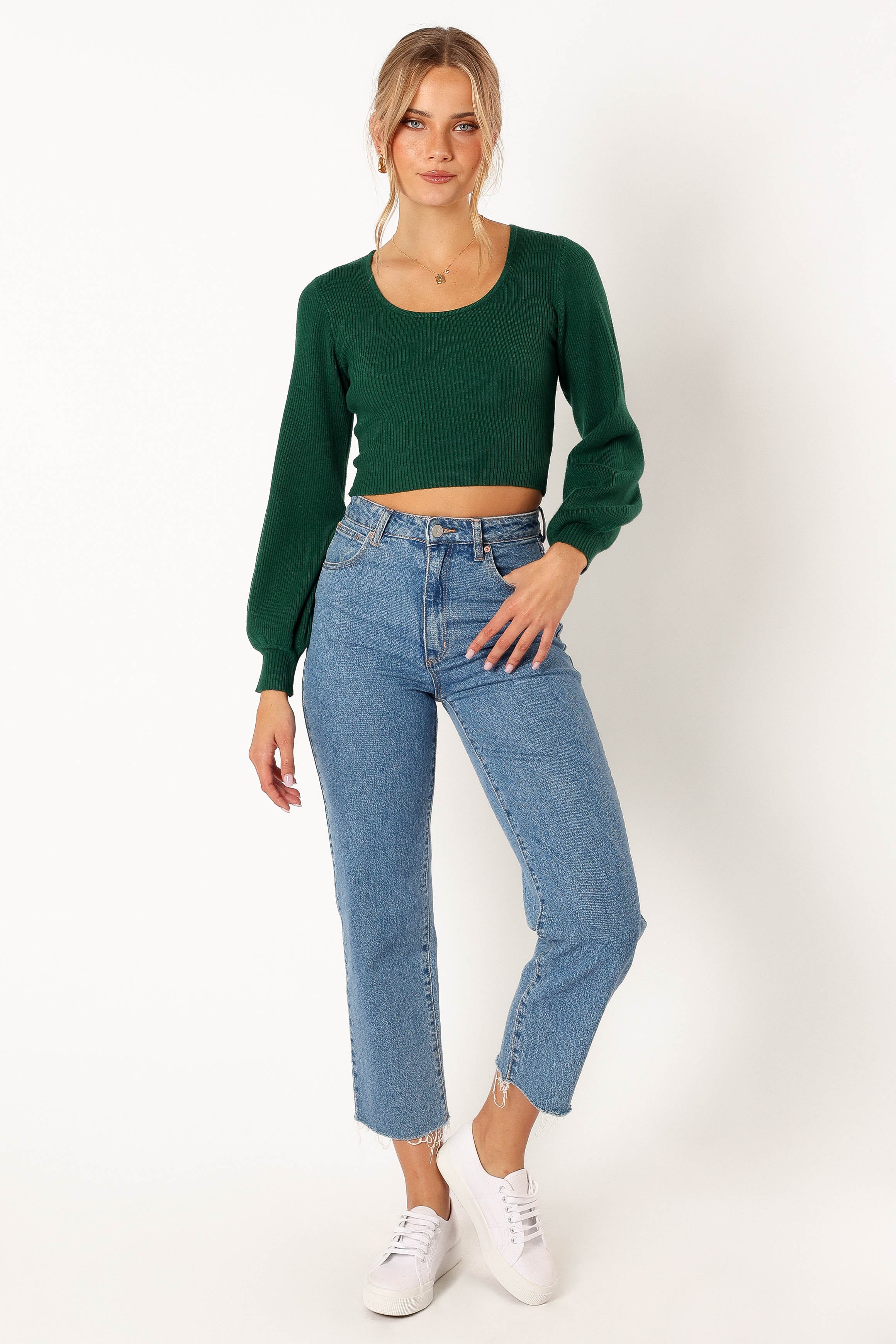 Daphne Women's Crewneck Bubble Sleeve Knit Sweater - Dark Green | Cozy Winter Pullover for Casual Outings & Office Wear