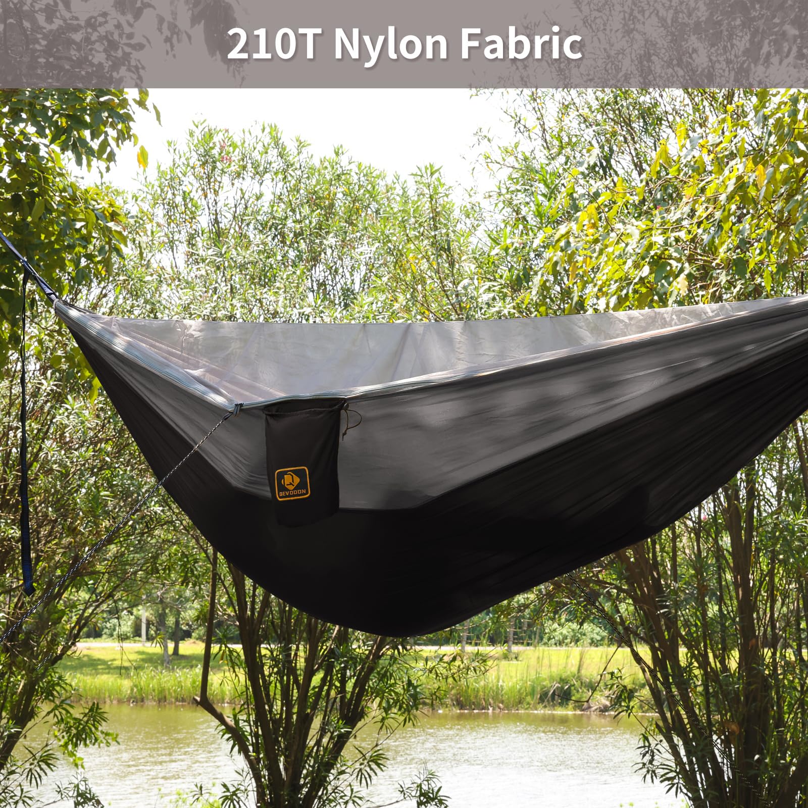 **Portable Camping Hammock with Mosquito Net - Lightweight Nylon Parachute Hammock for Travel, Hiking & Backpacking - Includes 10ft Tree Straps - Perfect for Beach, Patio & Outdoor Adventures (Black & Grey)**
