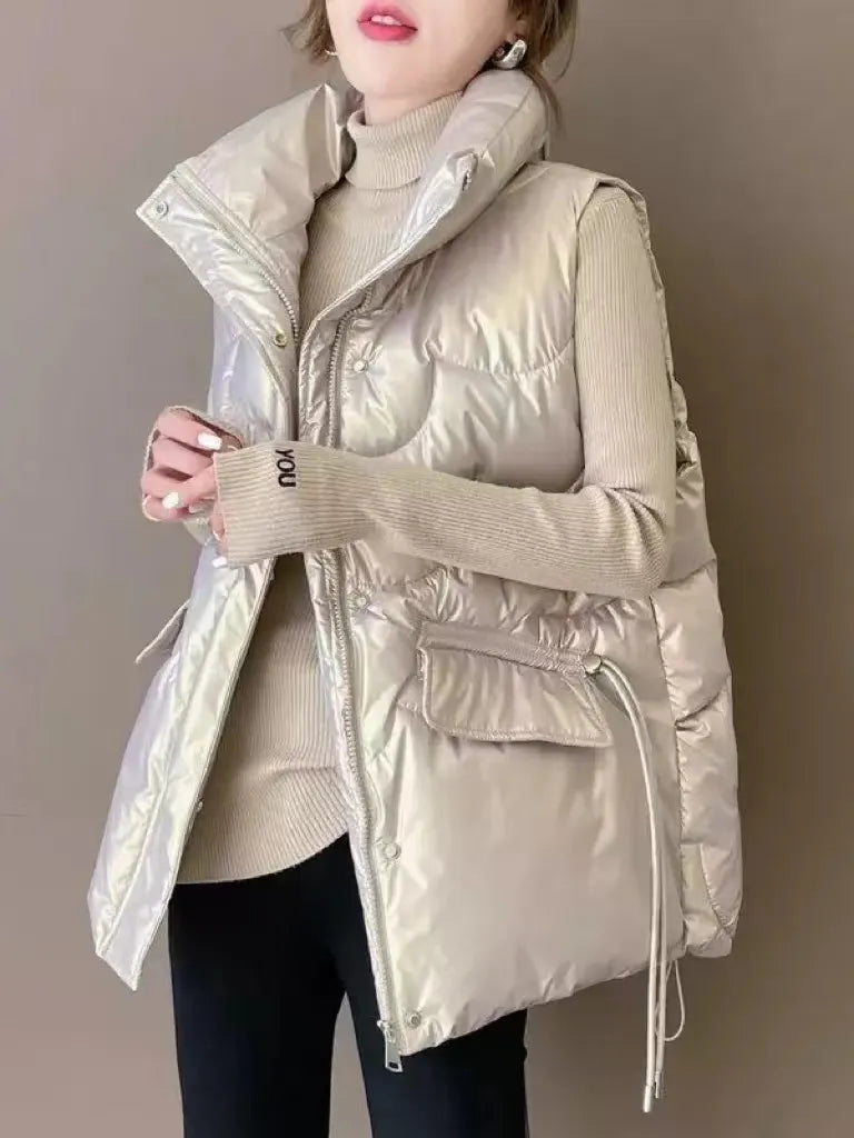 Elegant Women's Stand Collar Quilted Vest - Winter Warm Sleeveless Jacket for Women | Solid Color Casual Fashion Coat | Perfect for Office Wear, Outdoor Activities & Fall Layering
