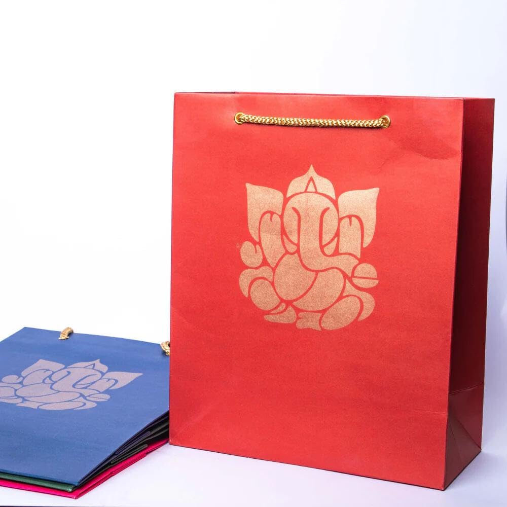 Eco-Friendly Ganesha Printed Indian Gift Bags - 9.84x7.85 Inch Party Favor Bags for Diwali, Pooja, Housewarming & Wedding Return Gifts (Pack of 4) - Perfect for Festivals, Religious Ceremonies & Special Occasions