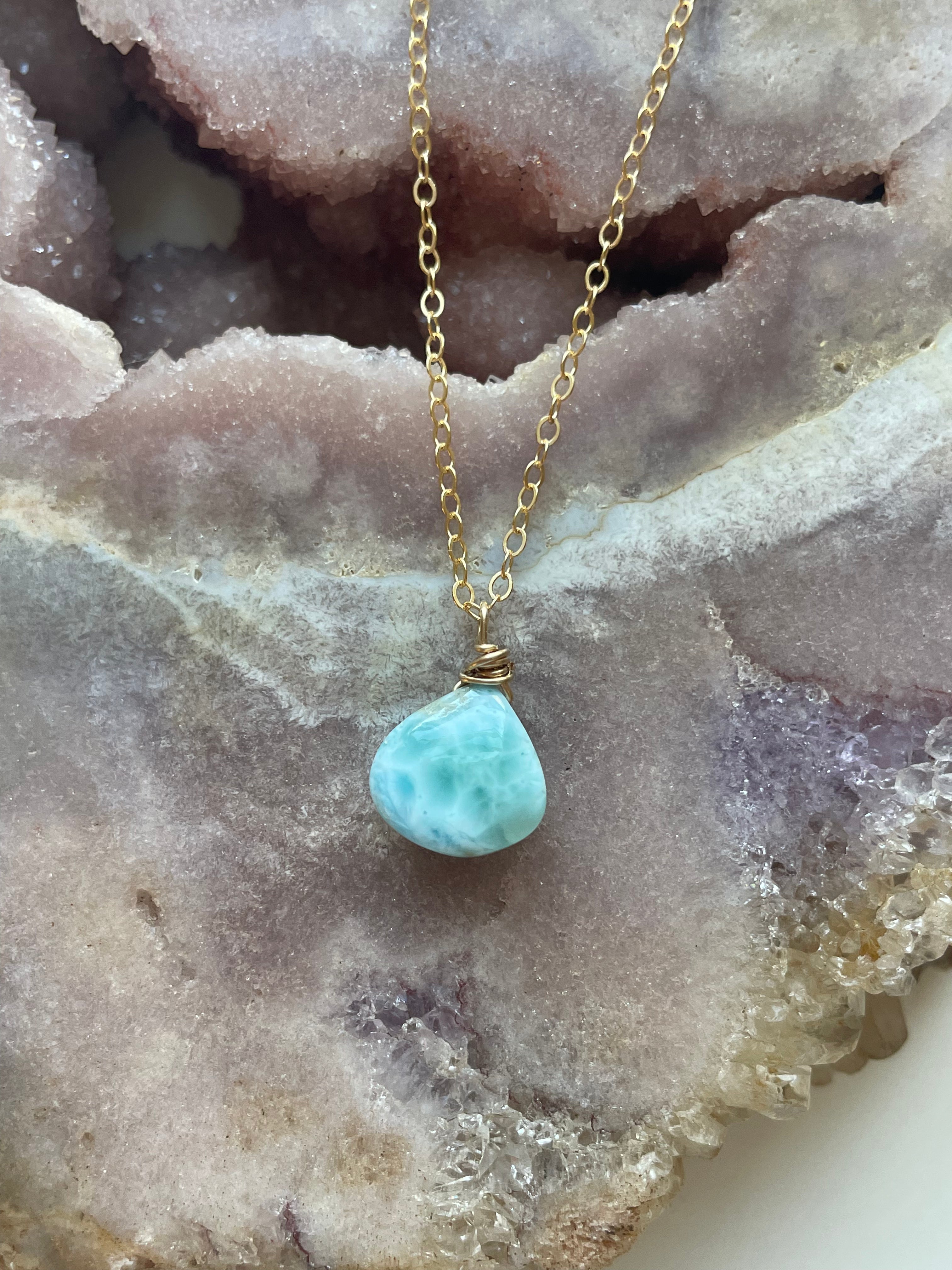 Larimar Drop Necklace - 14K Gold Filled Pendant Jewelry for Women - Perfect for Beach Vacations, Weddings & Everyday Elegance