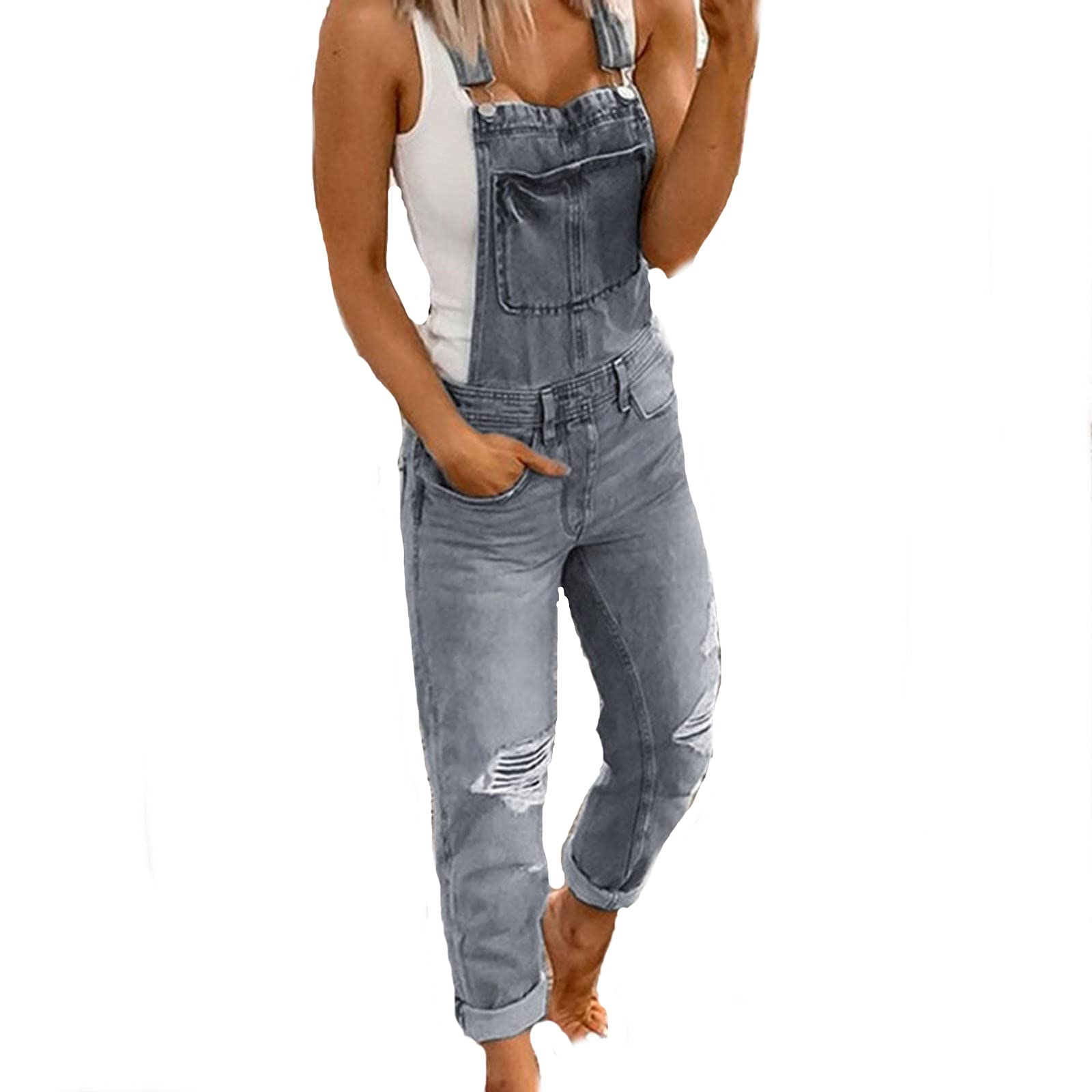 PEGONE Women's Long Casual Jumpsuit with Pockets & Suspenders - Stylish Loose Romper for Everyday Wear, Work & Outings