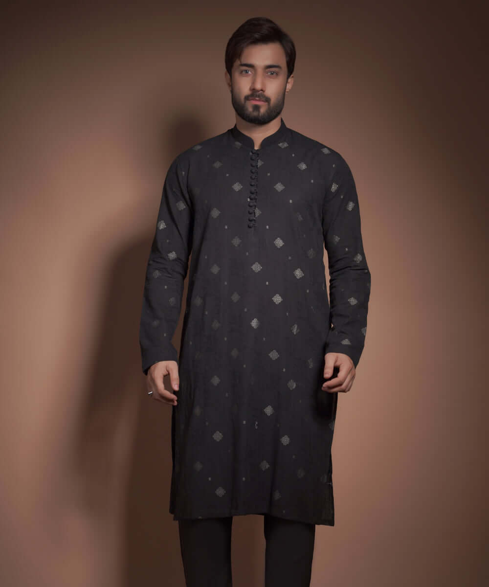 Stylish Jet Black Cotton Jacquard Kurta for Men - Comfortable & Breathable Traditional Indian Tunic for Festivals, Weddings & Casual Wear