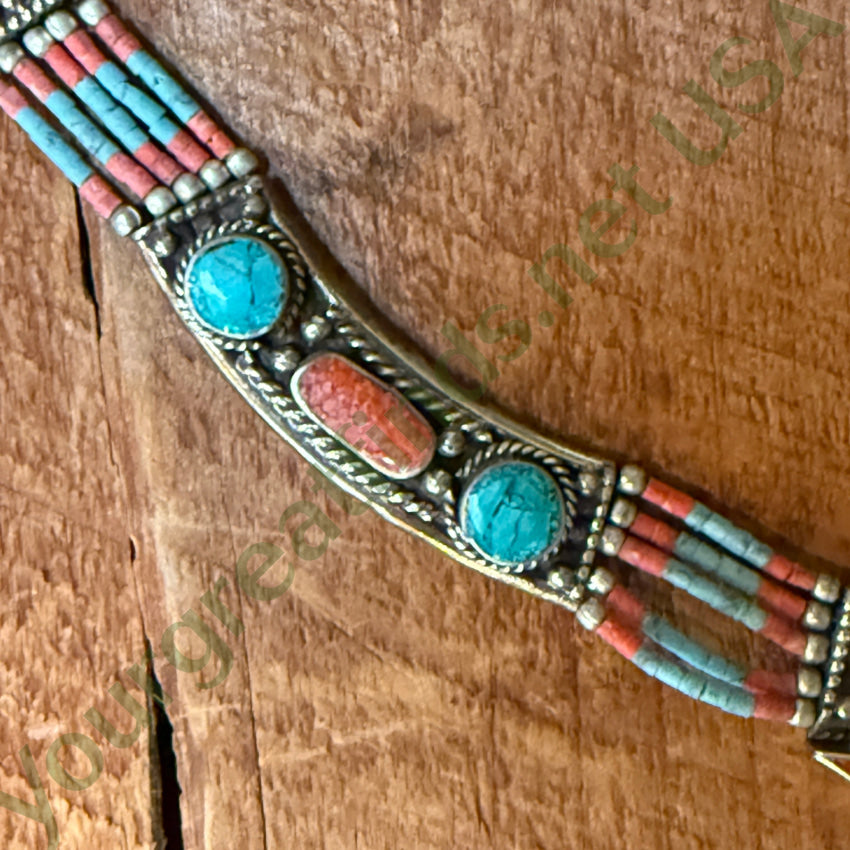 Handmade Tibetan Alpaca Silver Necklace with Turquoise & Coral Beads - Boho Chic Jewelry for Women, Perfect for Festivals, Weddings & Spiritual Ceremonies