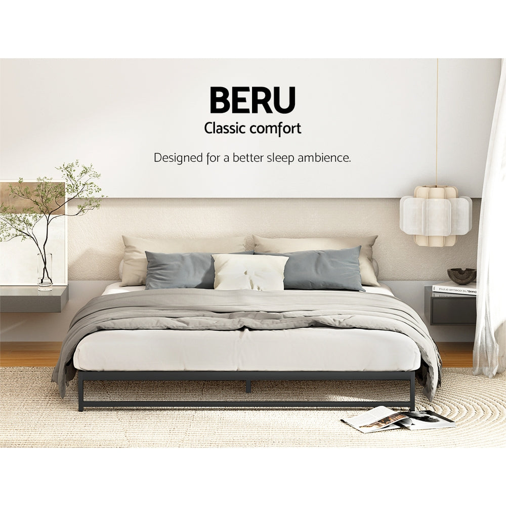 Beru Metal Double Bed Frame - Sturdy Black Platform Bed Base for Bedroom, Guest Room, or Dormitory - Supports Mattress Without Box Spring