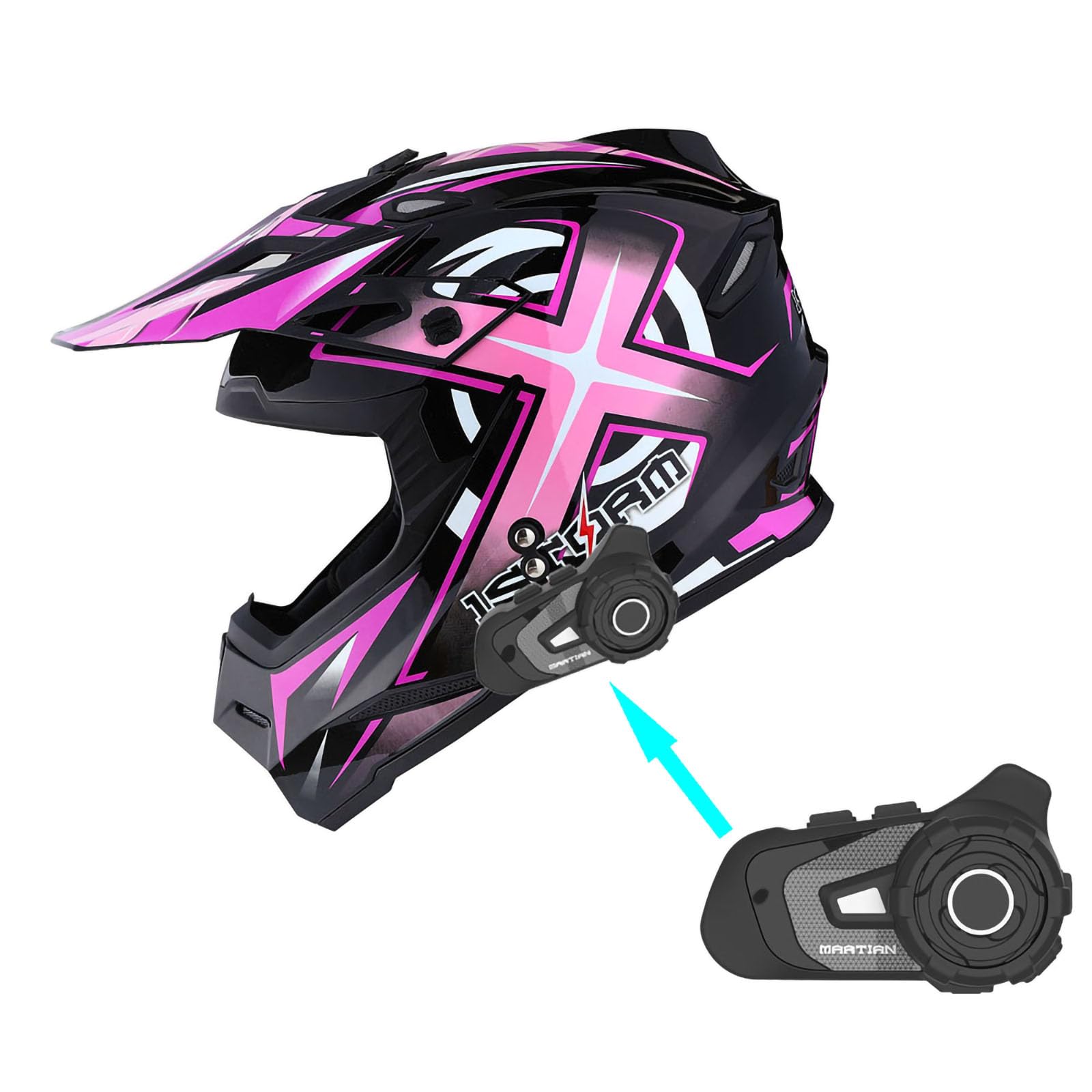 1Storm Adult Motocross Helmet BMX MX ATV Dirt Bike Racing Helmet HF801 with Bluetooth Headset - Sonic Pink for Off-Road Motorcycle Riding & Extreme Sports
