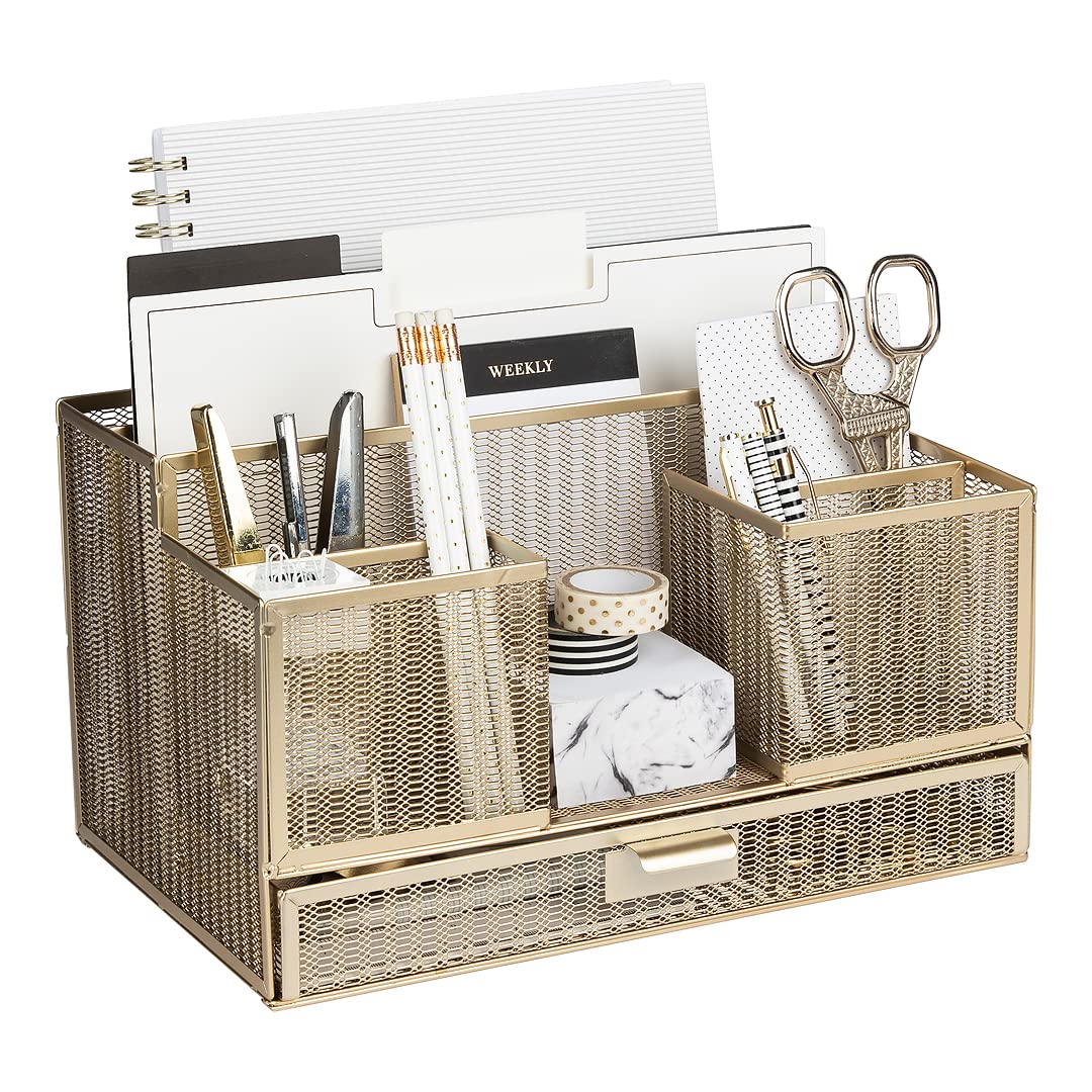 BLU MONACO Gold Desk Organizer with Sticky Note & File Holder - Office Accessories & Workspace Storage Solution | Vanity & Bathroom Countertop Organizer for Home & Office Use | Perfect for Desk Organization, Makeup Storage & Small Space Management