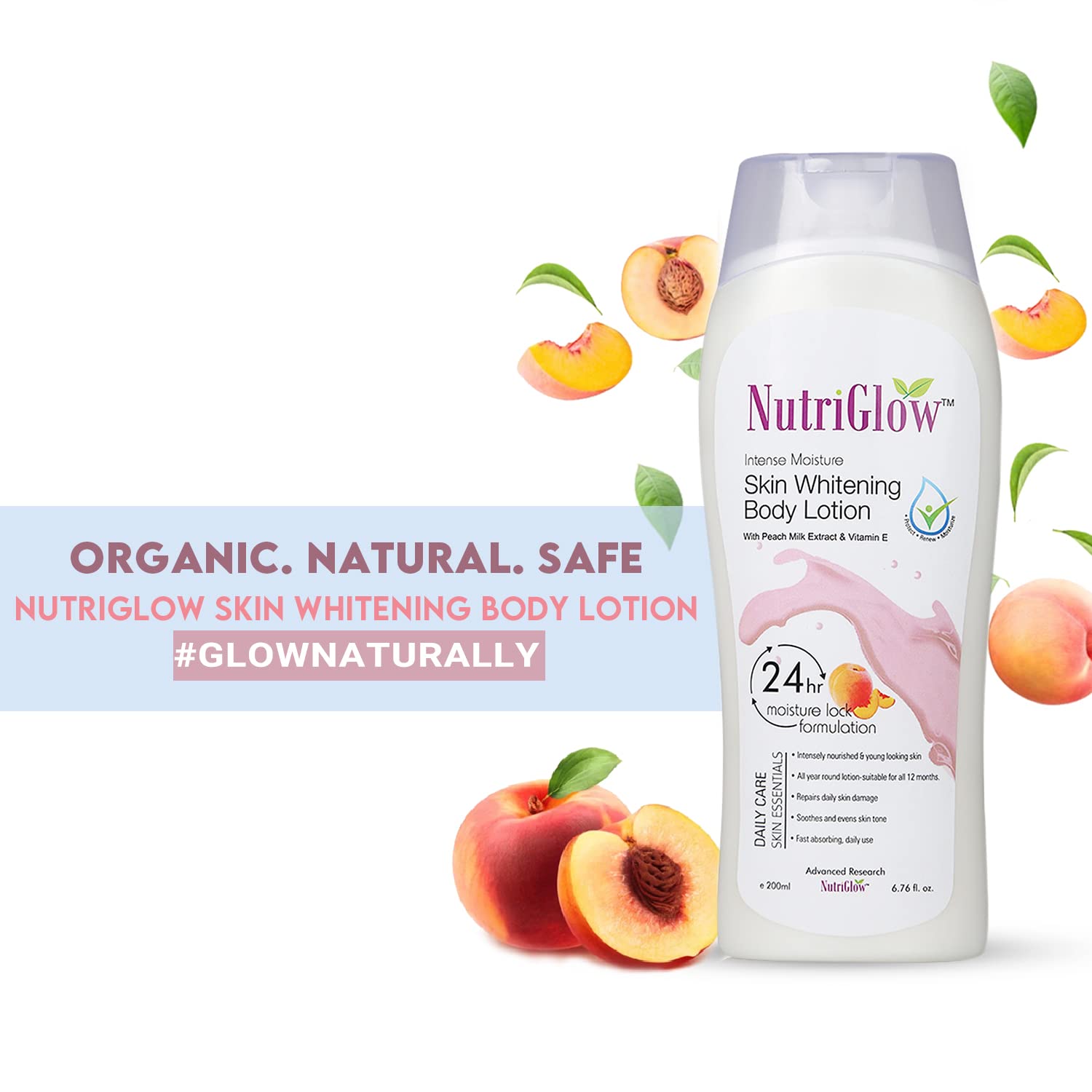 NutriGlow Intense Moisture Skin Whitening Body Lotion with Peach Milk Extracts & Vitamin E - 24H Hydration for Dry Skin, 200ml | Brightening & Nourishing Lotion for Daily Skincare Routine & Nighttime Moisturizing