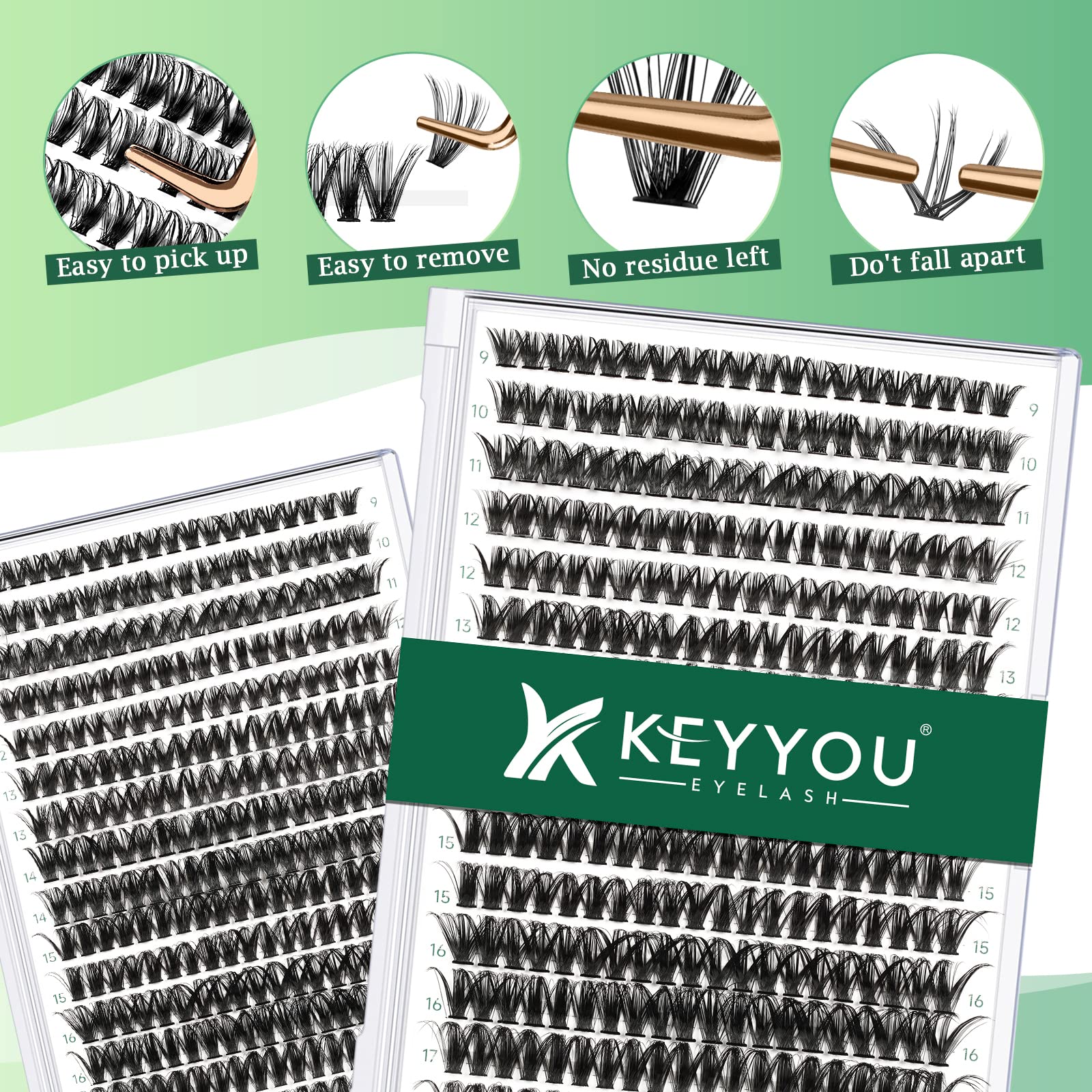 KEYYOU 300pcs Individual Cluster Lashes - 50D 0.07D Curl, 9-18mm Mixed Lengths for DIY Eyelash Extensions | Soft & Natural Volume Lashes in Large Tray | Perfect for Bridal, Party, and Daily Makeup Looks