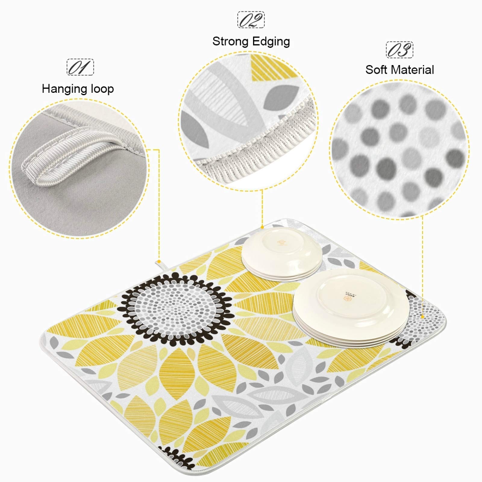 Susiyo Super Absorbent Microfiber Dish Drying Mat - 18x24 Inch Heat-Resistant Kitchen Counter Pad with Abstract Floral Sunflower Design | Perfect for Drying Dishes, Protecting Countertops & Organizing Kitchen