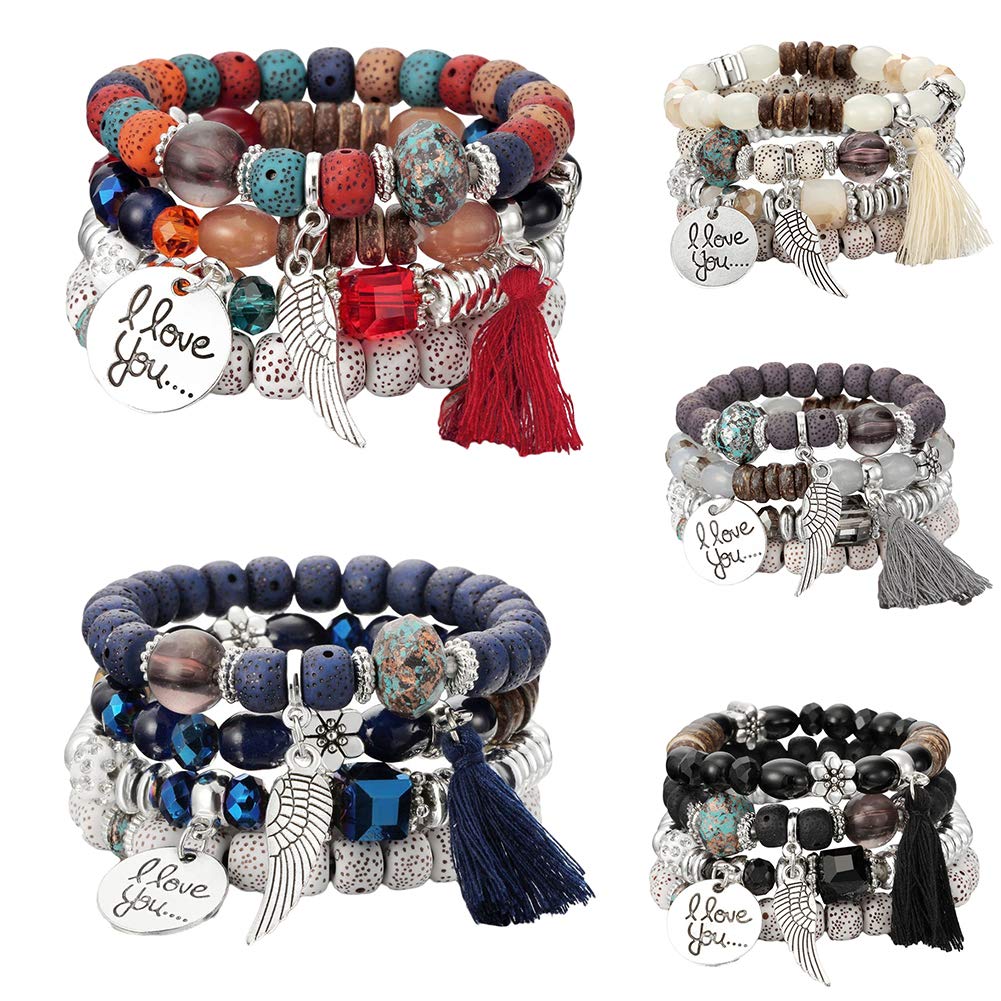 4Pcs Bohemian Beaded Bracelet Set for Women - Colorful Wing Bead Bangles, Handmade Jewelry Gift for Party, Festival & Everyday Wear