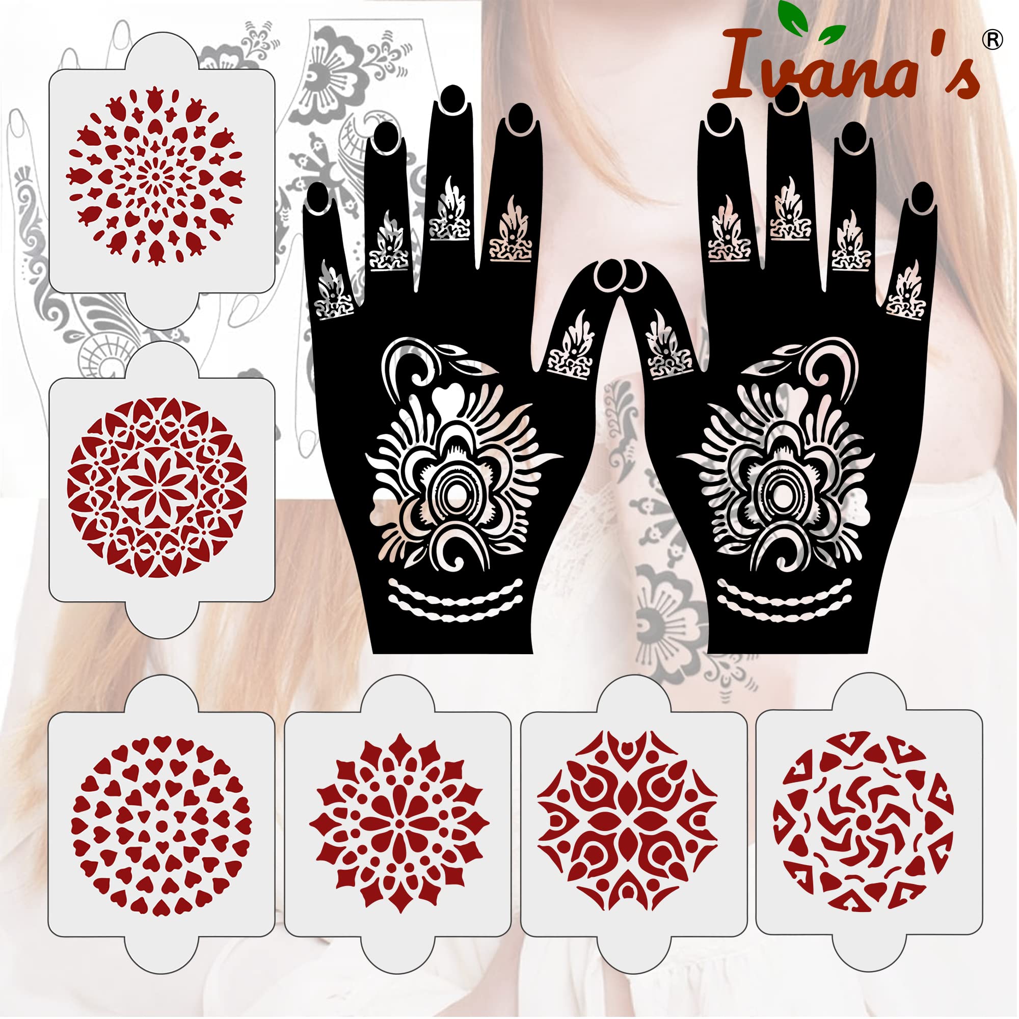 8 Pcs Henna Tattoo Stencil Kit - 2 Henna Stencil Tattoos & 6 Reusable PVC Laser Cut Stencils for Women, Girls & Kids | Easy to Apply Mehndi Stickers for Full Hand Designs | Perfect for Weddings, Festivals & DIY Body Art