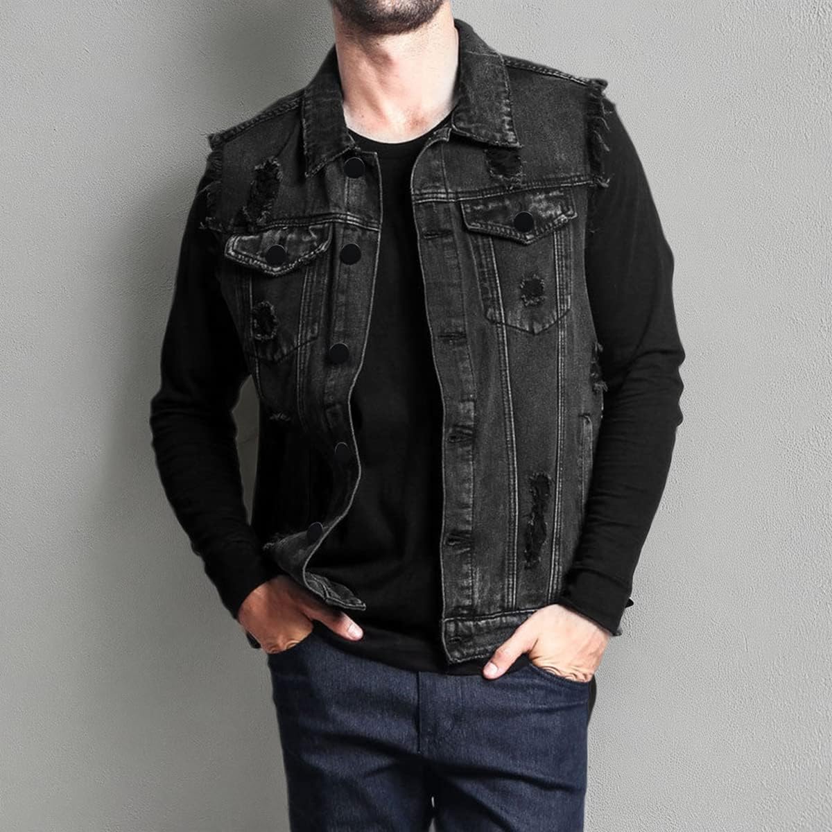 Iynnijoy Men's Distressed Denim Vest - Sleeveless Slim Fit Waistcoat with Pockets | Western Cowboy Style for Casual Wear & Outdoor Events