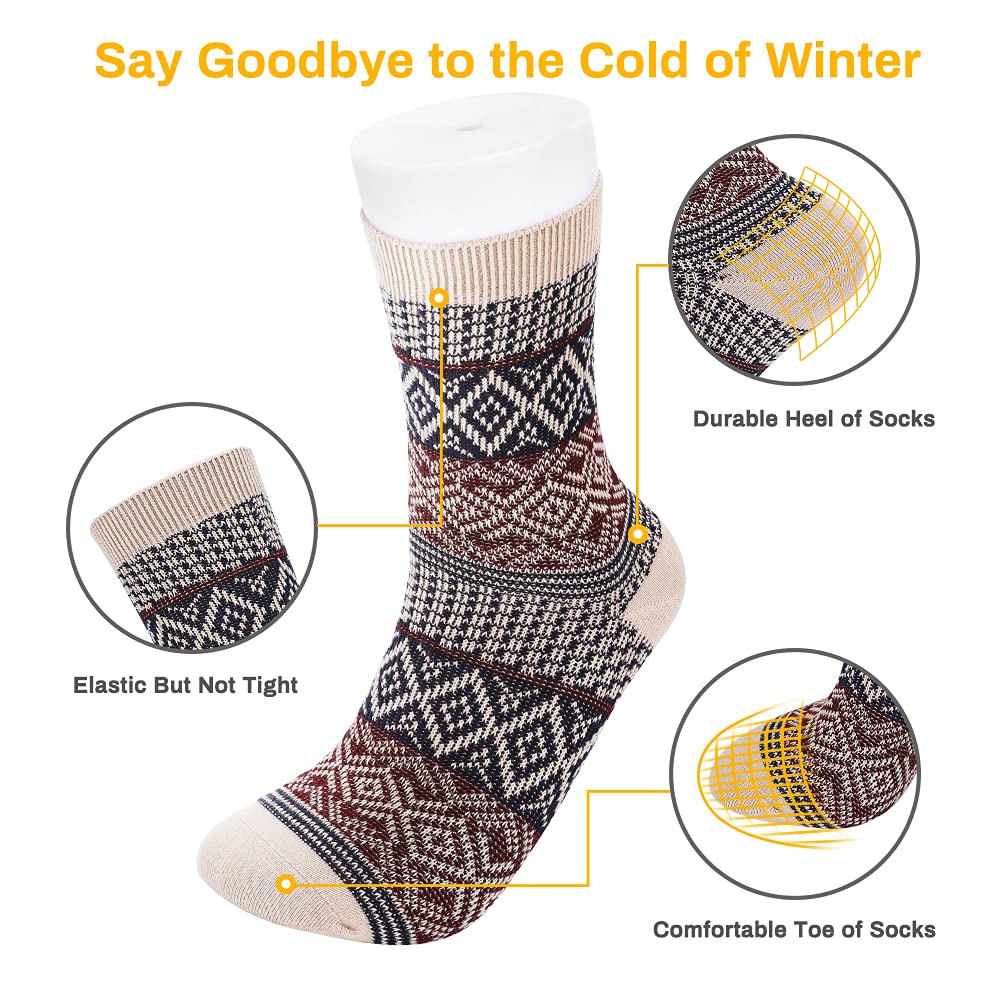 6 Pairs Warm Wool Cotton Socks for Men & Women - Unisex Winter Cabin Socks with Vintage Knit Patterns - Cozy Thermal Socks for Cold Weather, Hiking, Home & Office Wear