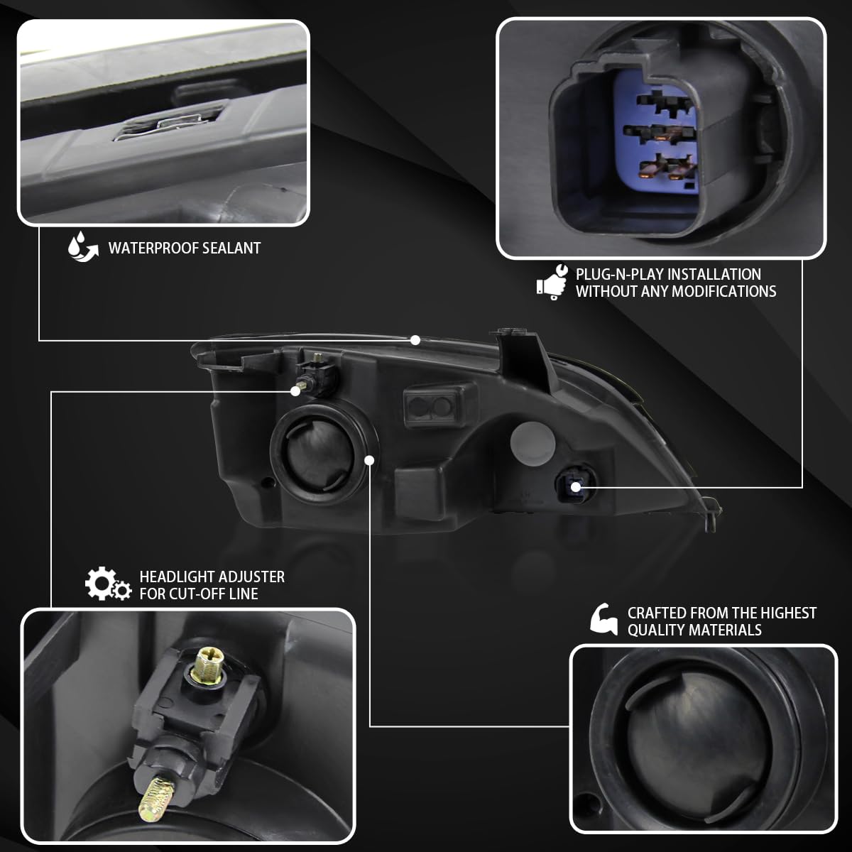 AUTOZENSATION Black Headlights Pair Compatible with 2005-2007 Ford Focus - Left & Right Headlamp Replacement for Improved Night Driving Safety