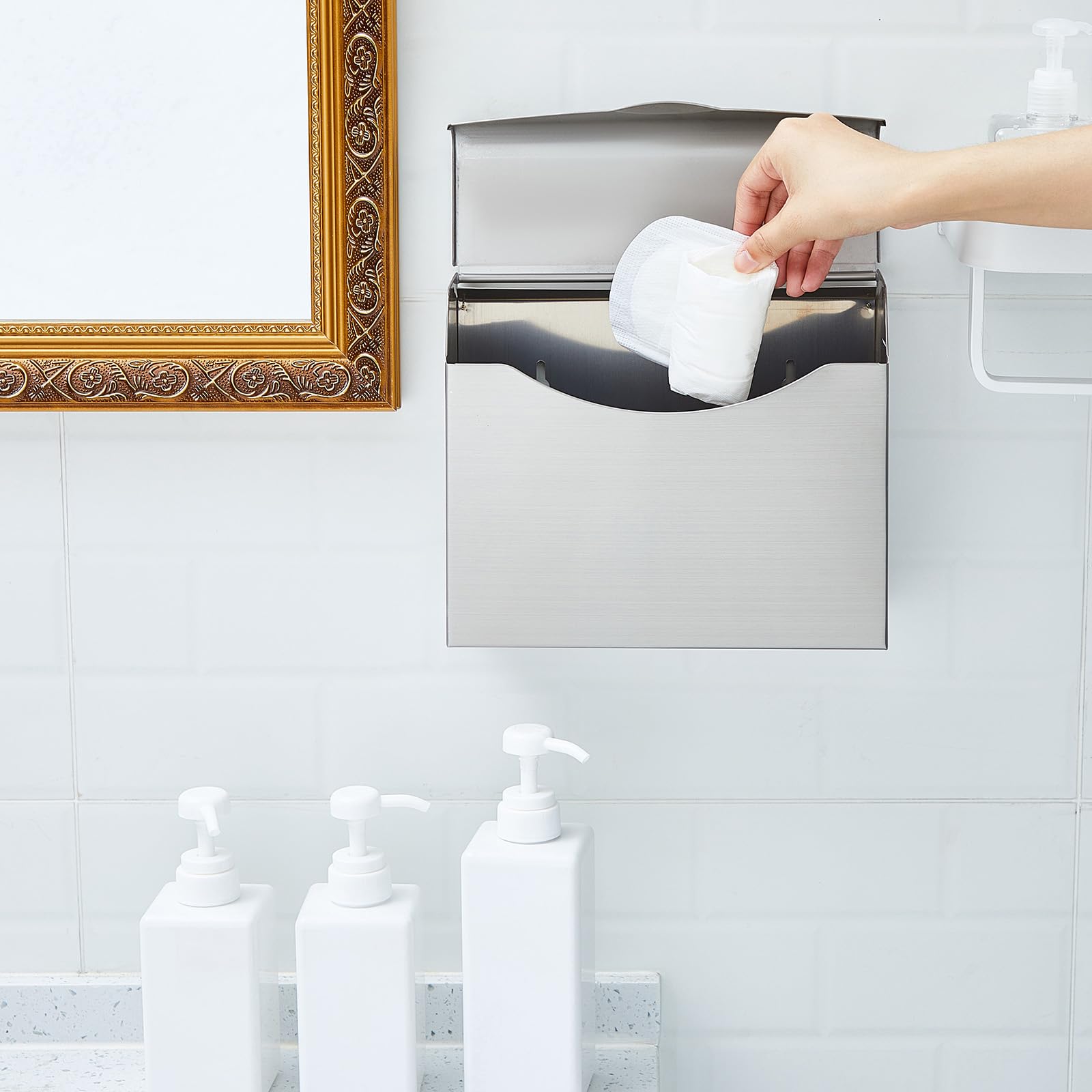 Tioncy Stainless Steel Sanitary Napkin Disposal Bin - Wall Mounted Feminine Hygiene Waste Container for Tampons & Pads (Silver) | Ideal for Bathrooms, Restrooms & Women's Washrooms
