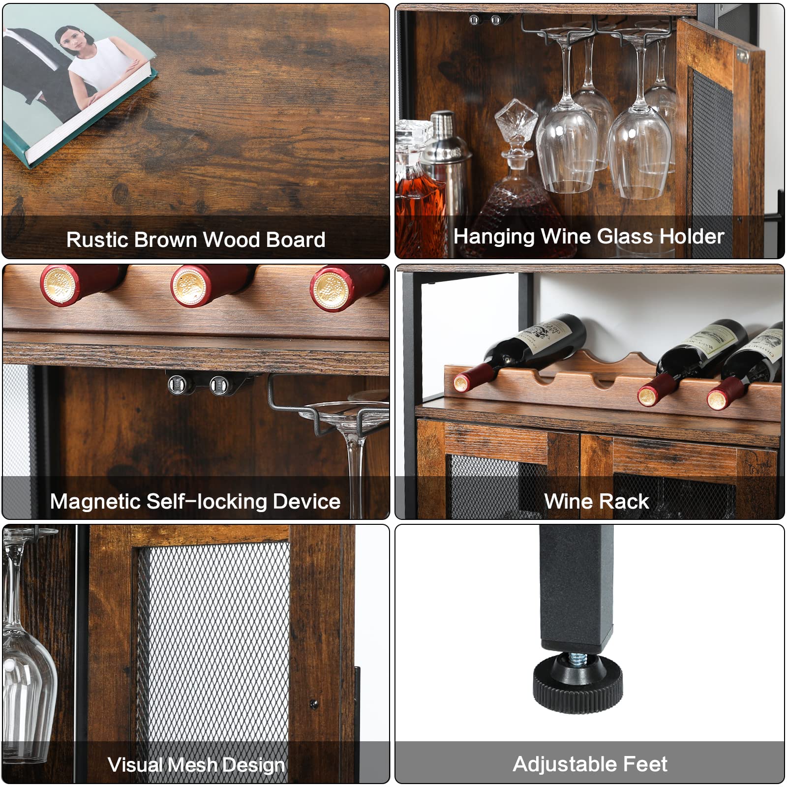 X-cosrack Rustic Brown Wine Bar Cabinet with Detachable Wine Rack & Glass Holder - Coffee Bar Sideboard Buffet Cabinet with Mesh Door - Perfect for Dining Room, Kitchen & Home Bar Storage (Patent Pending)