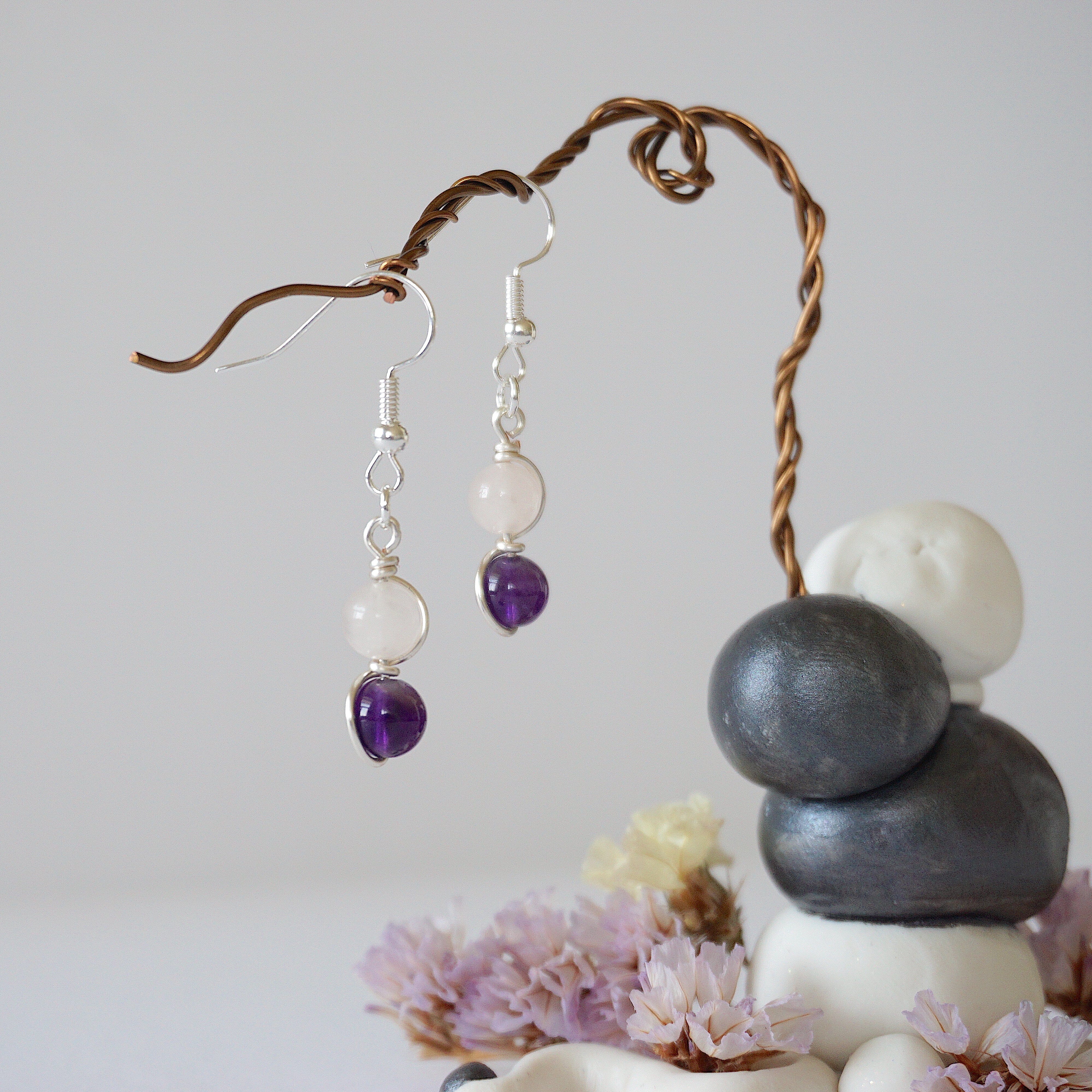 Rose Quartz & Amethyst Drop Earrings - Silver Plated Double Bead Dangle Earrings for Women | Healing Crystal Jewelry, Gift for Her, Birthday, Wedding, Meditation & Spiritual Healing