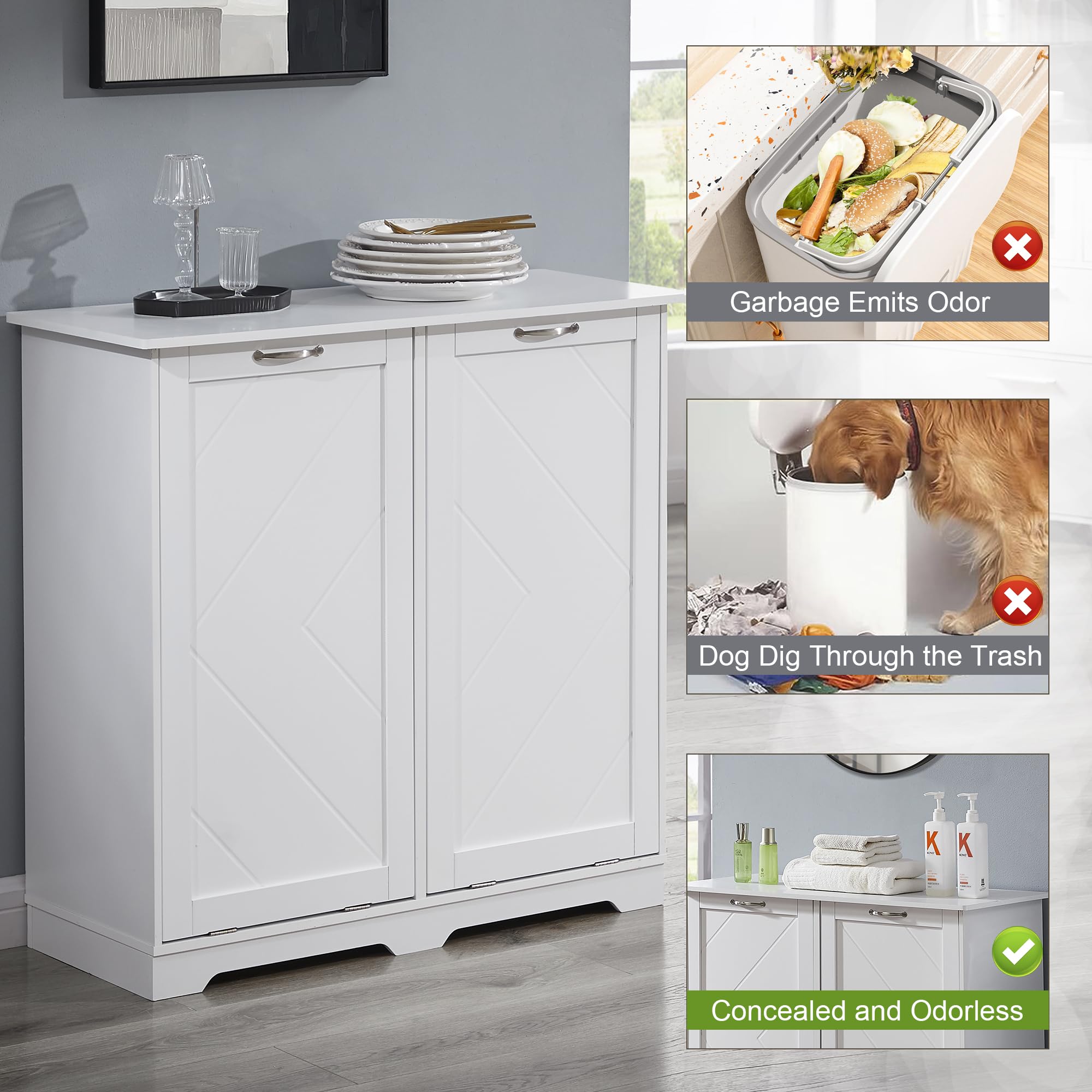VECELO Double Tilt-Out Kitchen Trash Bin Cabinet - Dog Proof Garbage Can with Wood Holder, Free Standing Recycling Bin for Kitchen, Bathroom, Office - White