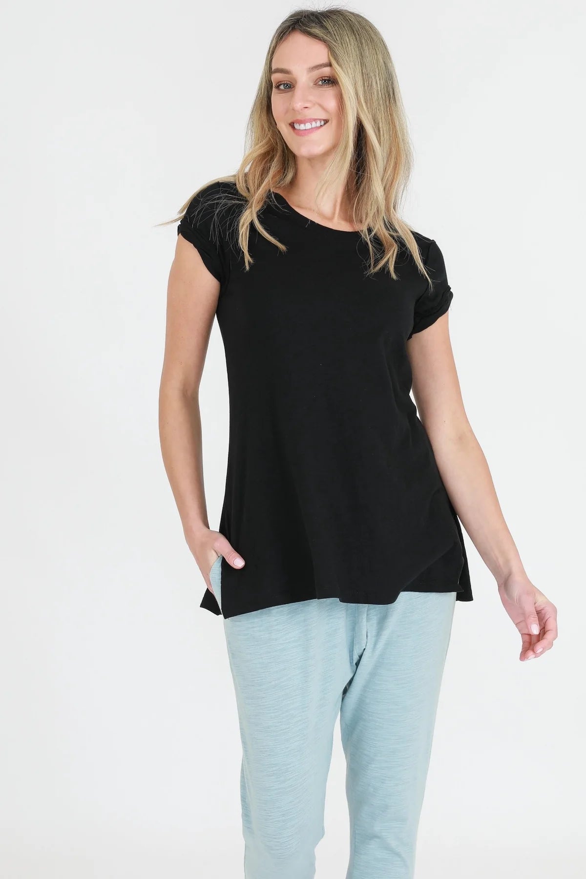 Kelly Rolled Sleeve Crew Neck T-Shirt for Women - Soft Cotton Casual Tee - Black - Perfect for Everyday Wear, Layering & Outfits