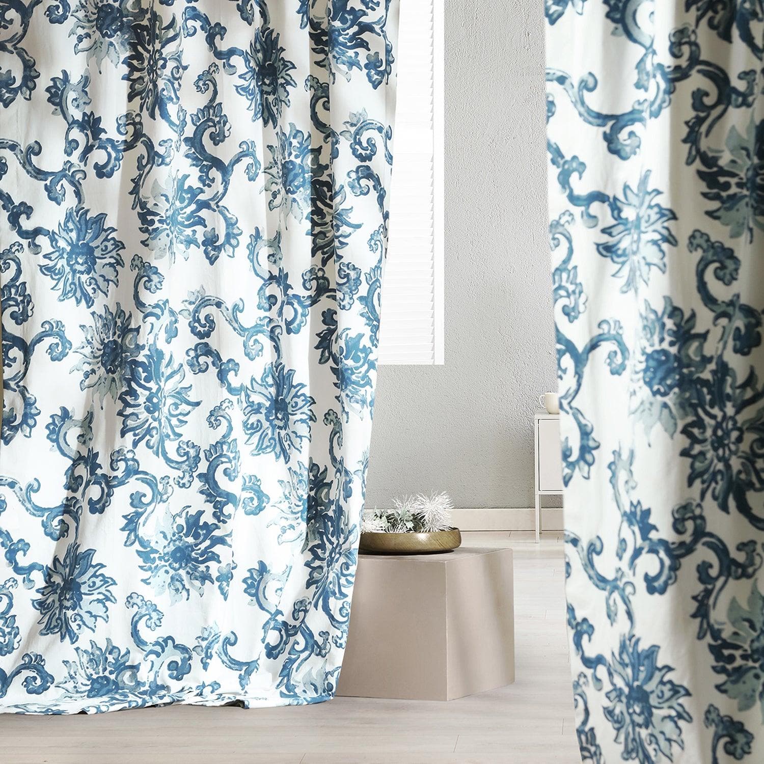 Indonesian Blue Floral Printed Cotton Custom Curtains - Elegant Window Treatments for Living Room & Bedroom Decor