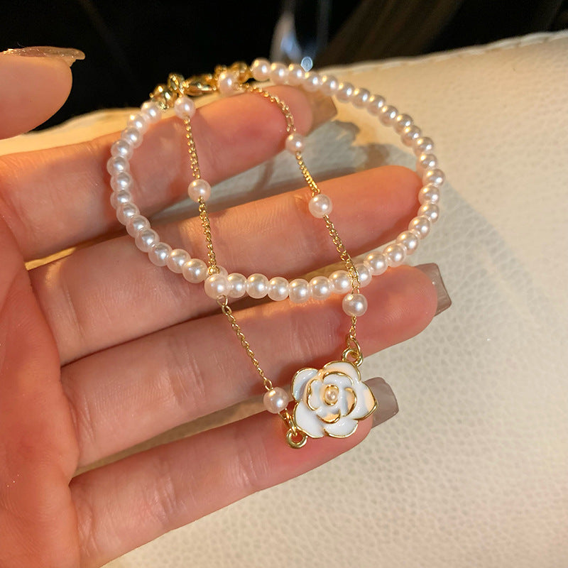 Dainty Camellia Charm Ivory Pearl Bracelet for Women | Elegant Adjustable Fashion Jewelry Gift | Perfect for Weddings, Parties & Everyday Wear | HB1205