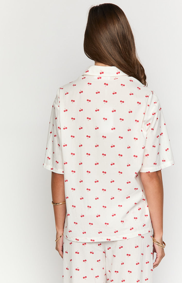 Alexea Women's Cherry Print Pajama Shirt - Soft Cotton Sleepwear for Women - Perfect for Nighttime Relaxation & Lounging at Home