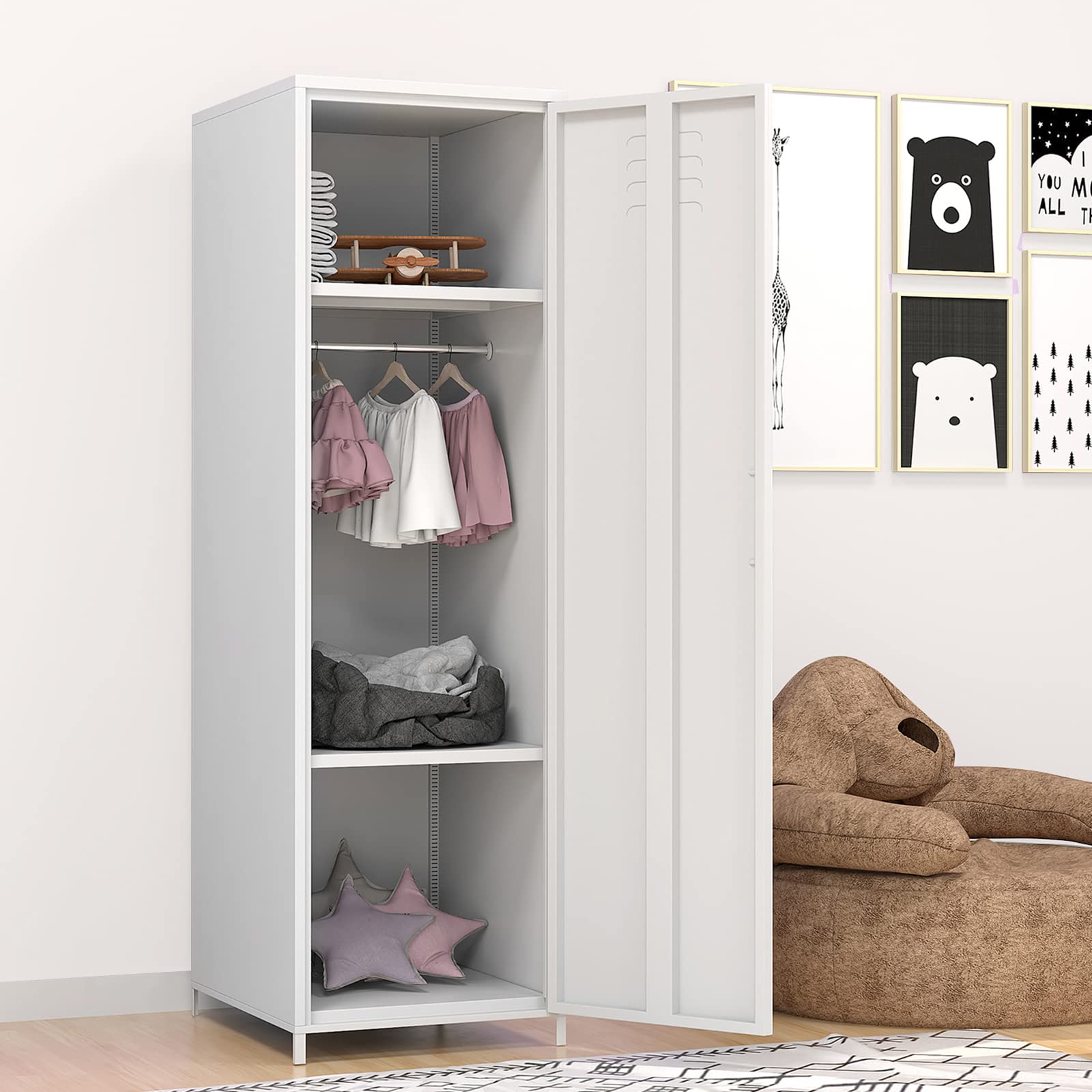 Steel Locker Cabinet with Hanging Rod & Shelves - White Metal Storage Locker for Bedroom, School & Classroom - Perfect for Organizing Toys, Clothes & Accessories