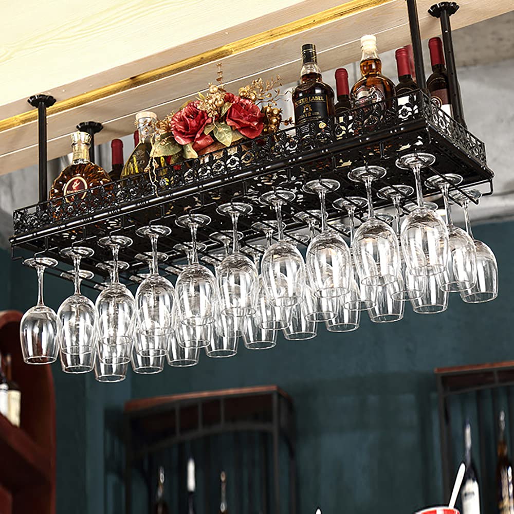 Vintage Metal Wine Glass Rack - Stemware Holder & Storage Organizer for 40/48 Goblets - Floating Shelf for Bar, Kitchen, Dining Room - Black (100-Pack) - Perfect for Home Bars, Restaurants & Wine Cellars