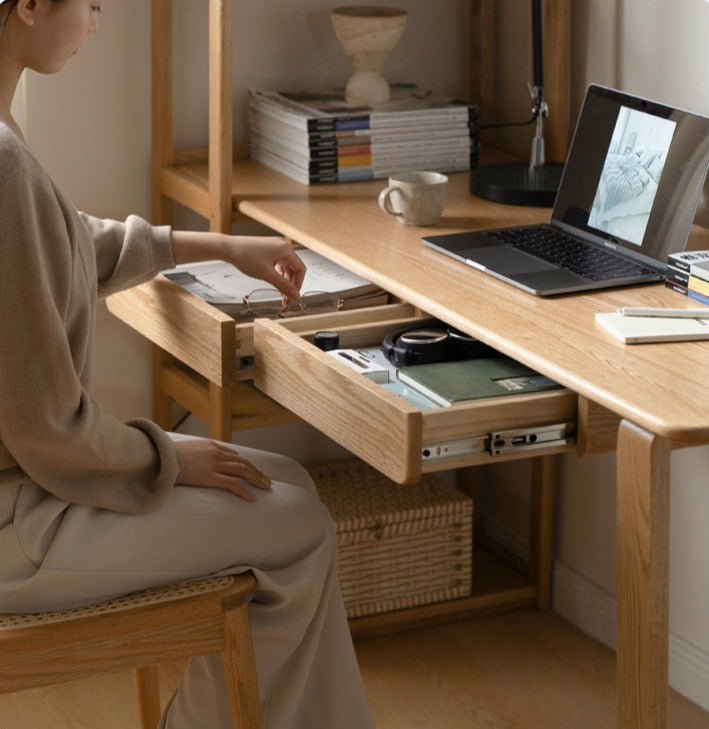 Solid Oak Wood Office Desk with Single Leg & Built-in Bookshelf - Modern Home Office Furniture for Work and Study
