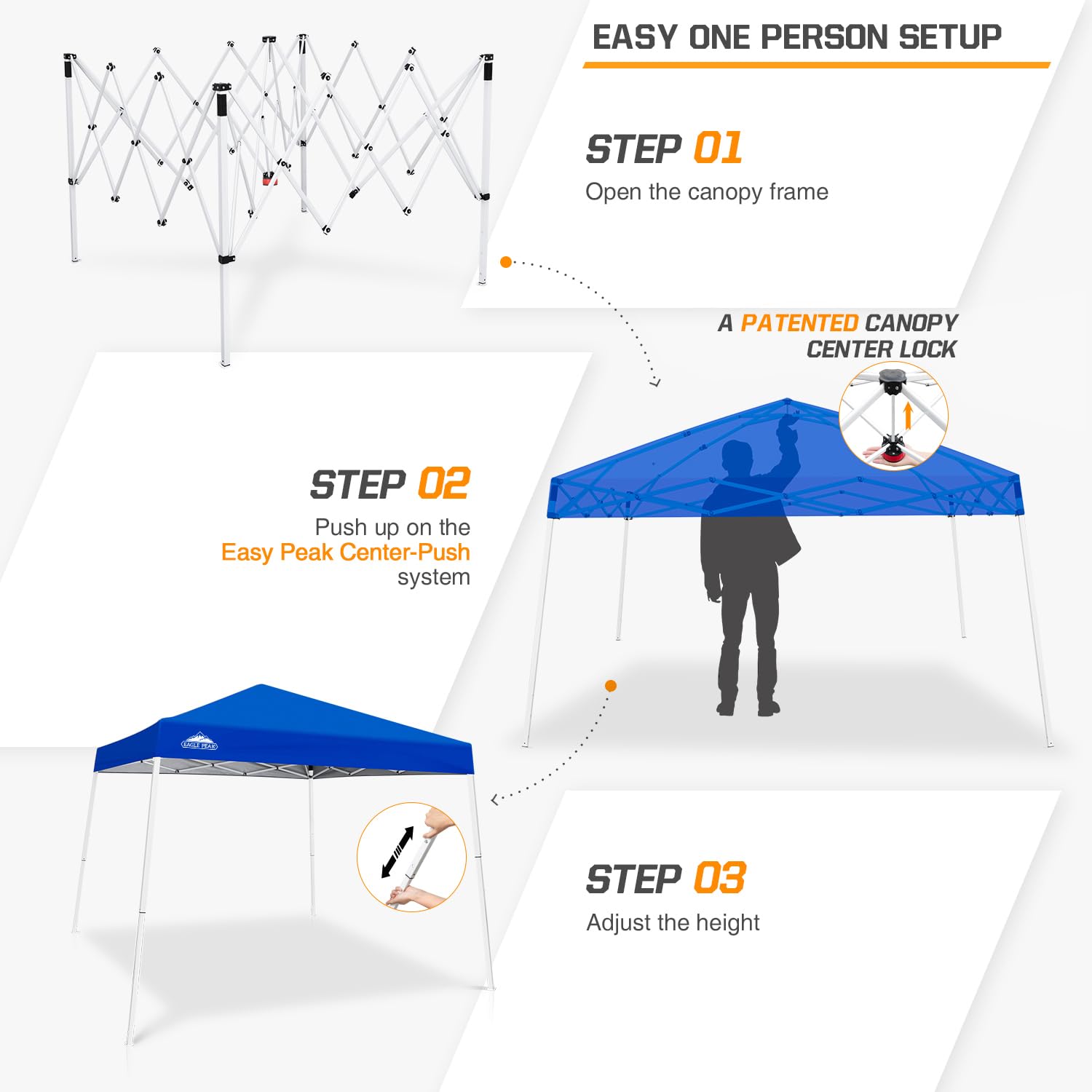 EAGLE PEAK 10x10 Slant Leg Pop-Up Canopy Tent - Easy One-Person Setup, Instant Outdoor Shade Shelter for Beach, Camping, Picnics & Sports Events - Portable Folding Canopy with 10x10 Base & 8x8 Top (Blue)