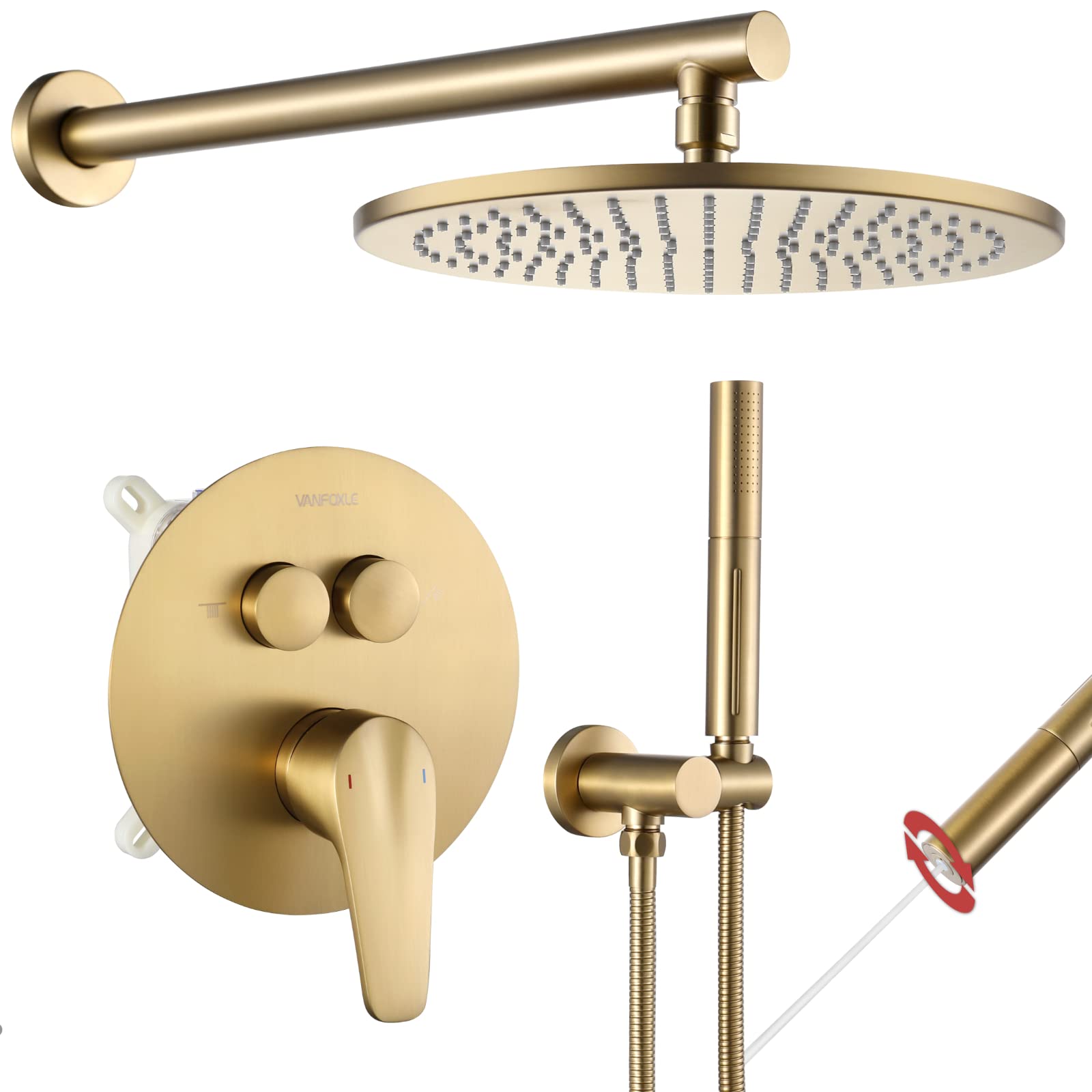 VANFOXLE Brushed Gold Shower Faucet Set - Wall Mounted Shower System with Push Button Diverter & 2-in-1 Handheld Shower Head (10 Inch, Includes Rough-in Valve Body & Trim) - Perfect for Bathroom Renovation, Modern Home Upgrade & Spa-Like Shower Experience